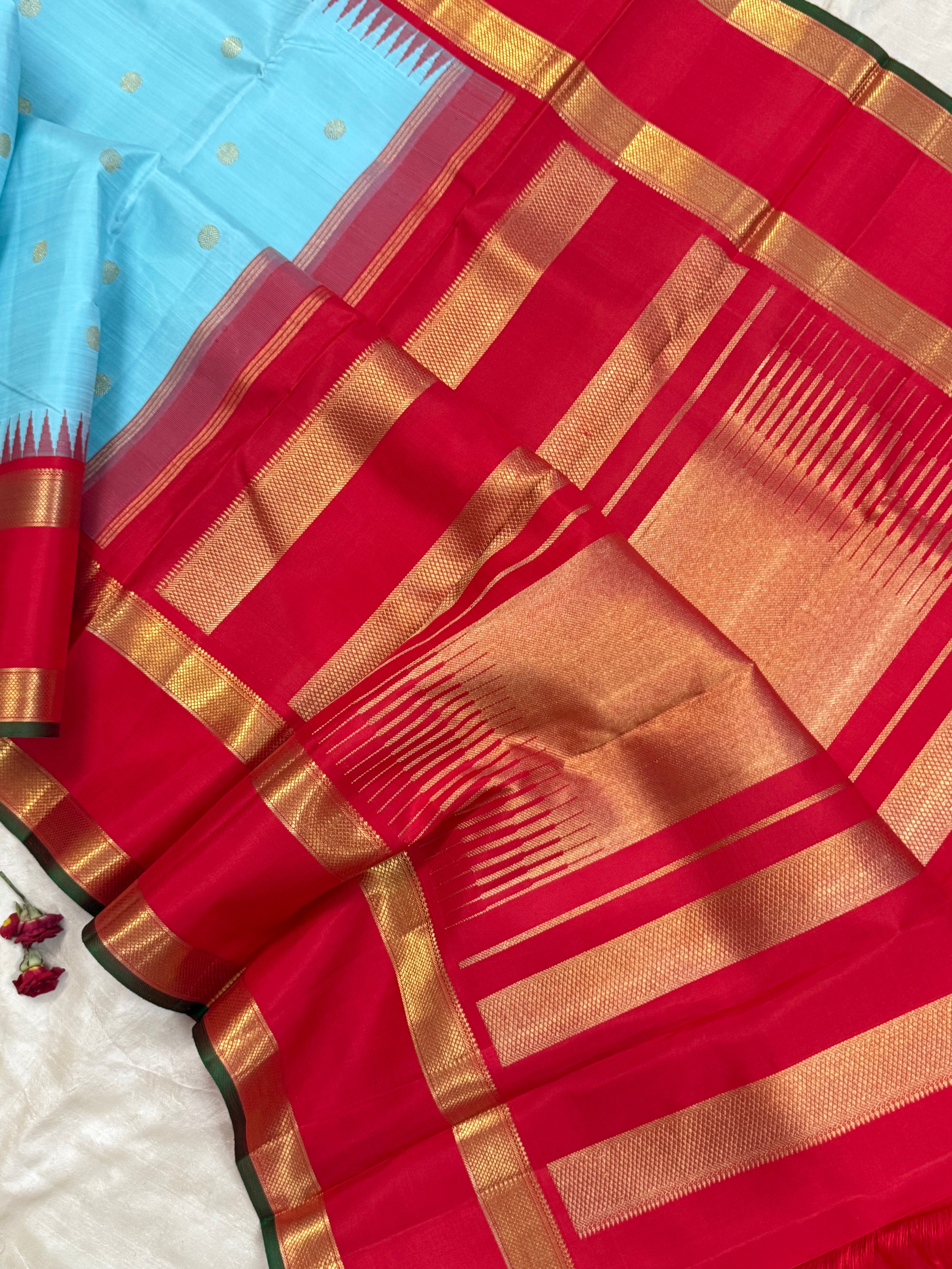 Sky blue and Red rettapet border kai korvai/ Kanjipuram silk
