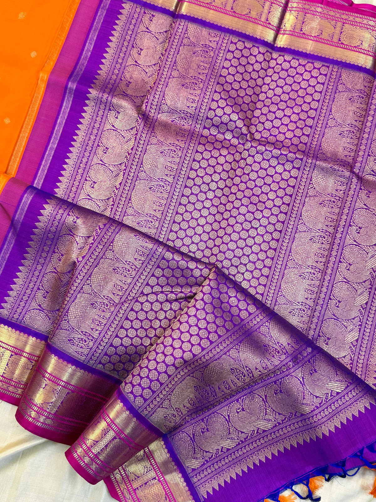 Navarathri - Day 5 Orange Colour pure Zari butta Korvai /Kanjipuram silk sree Clsa 7737