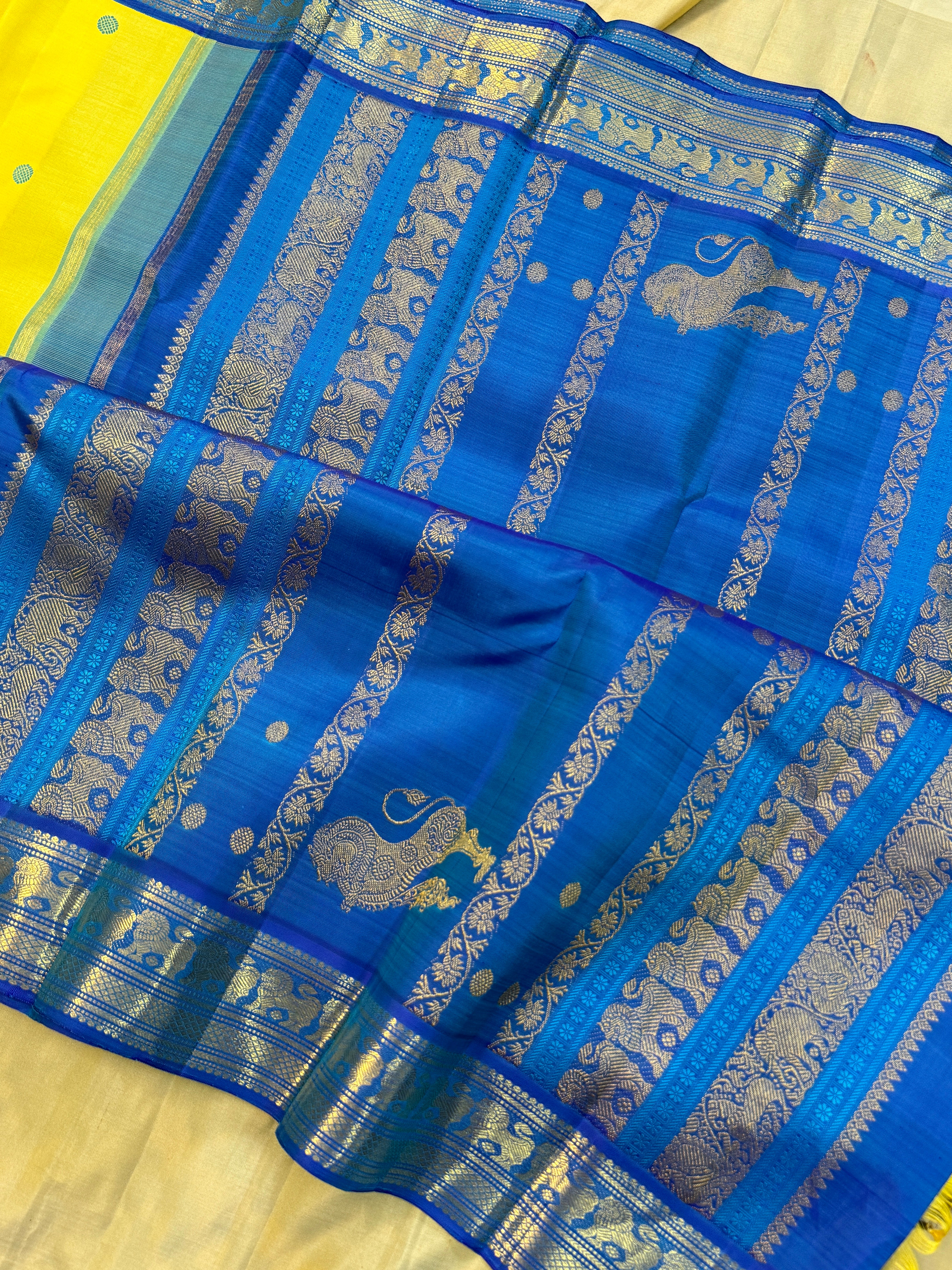 Lime yellow  Kai Korvai / pure Kanjipuram silk
