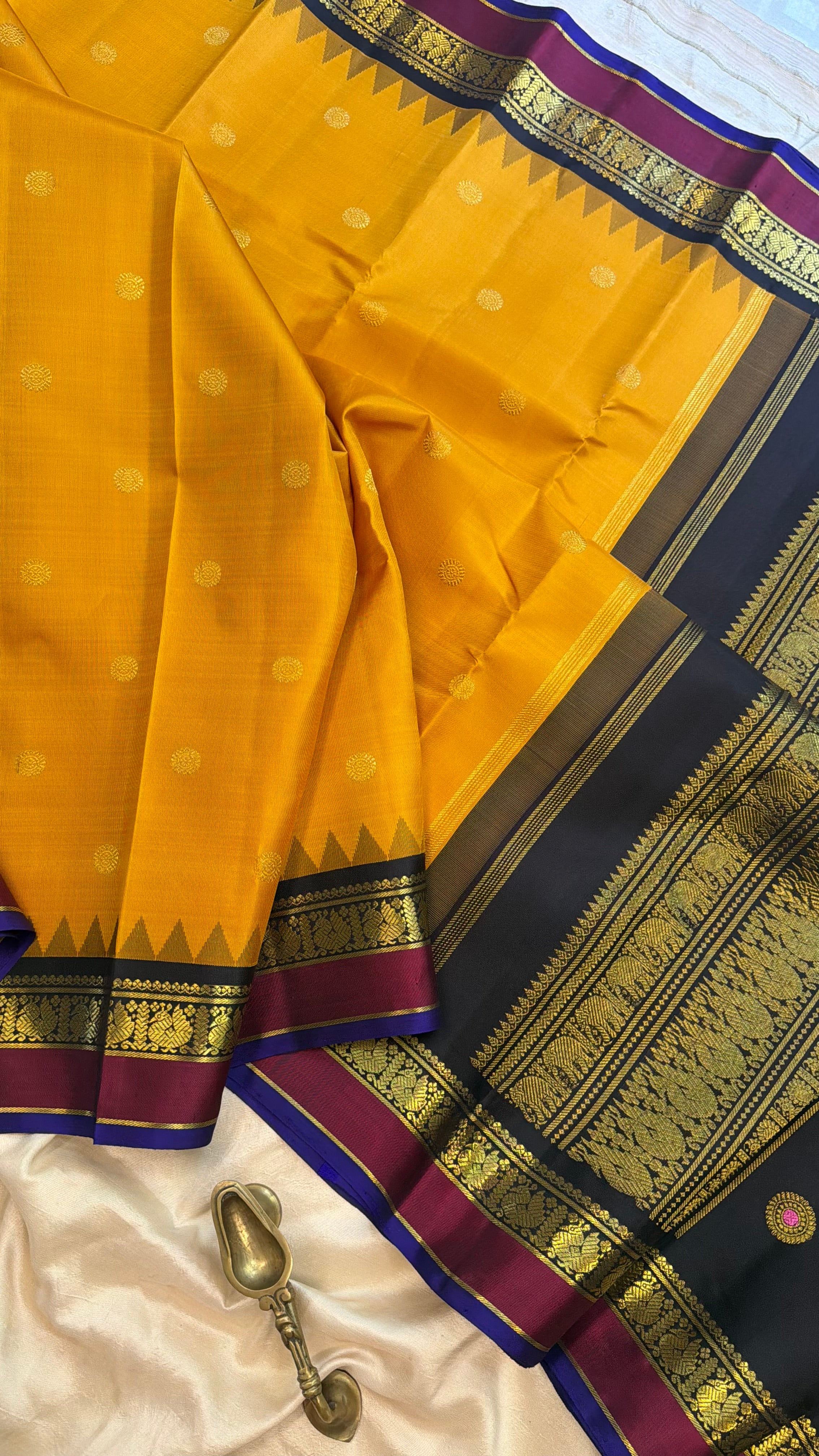 Mustard yellow Korvai Kanjipuram silk