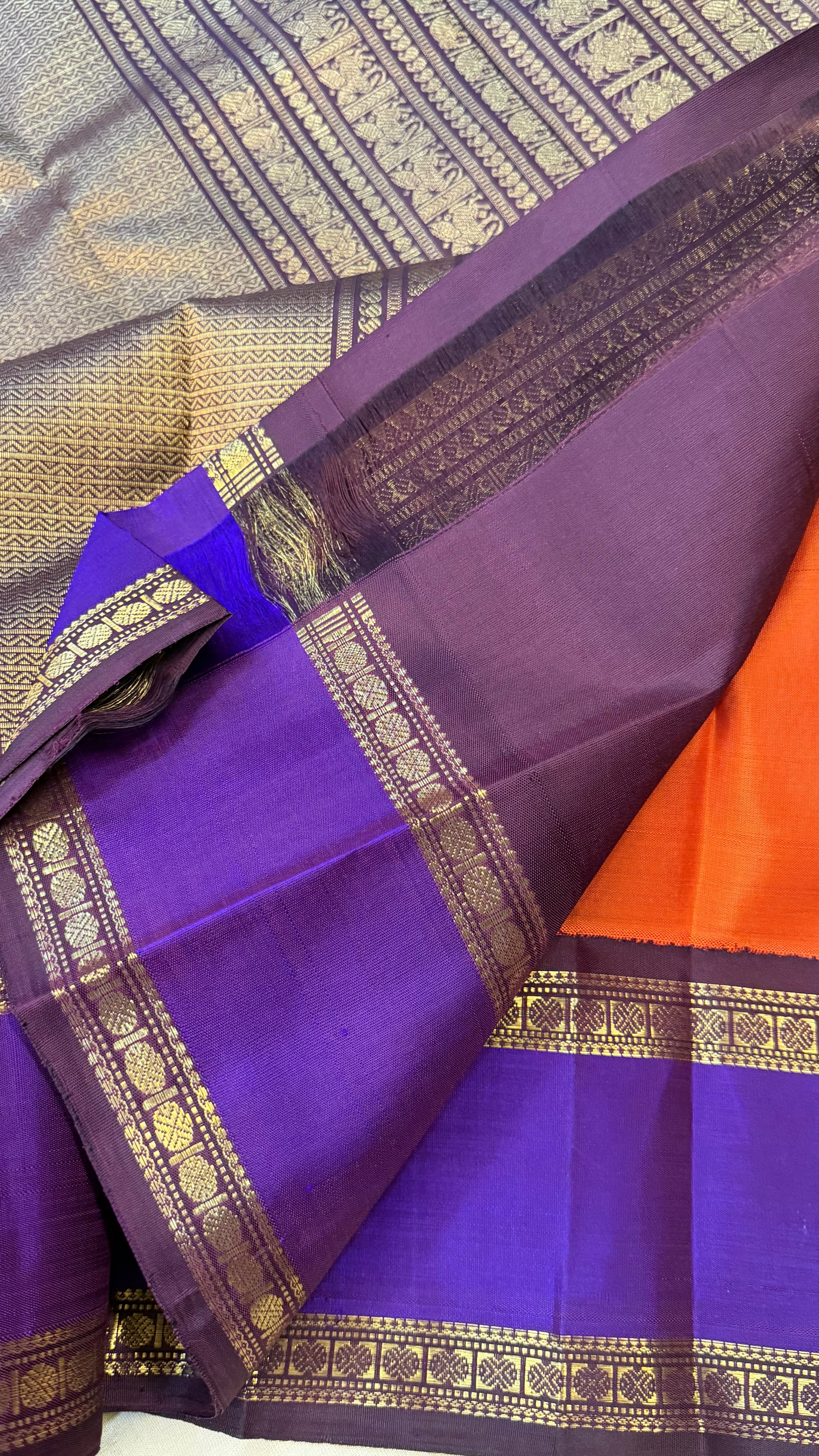 Rustic orange and purple rettapet border kai korvai/ kanjipuram silk