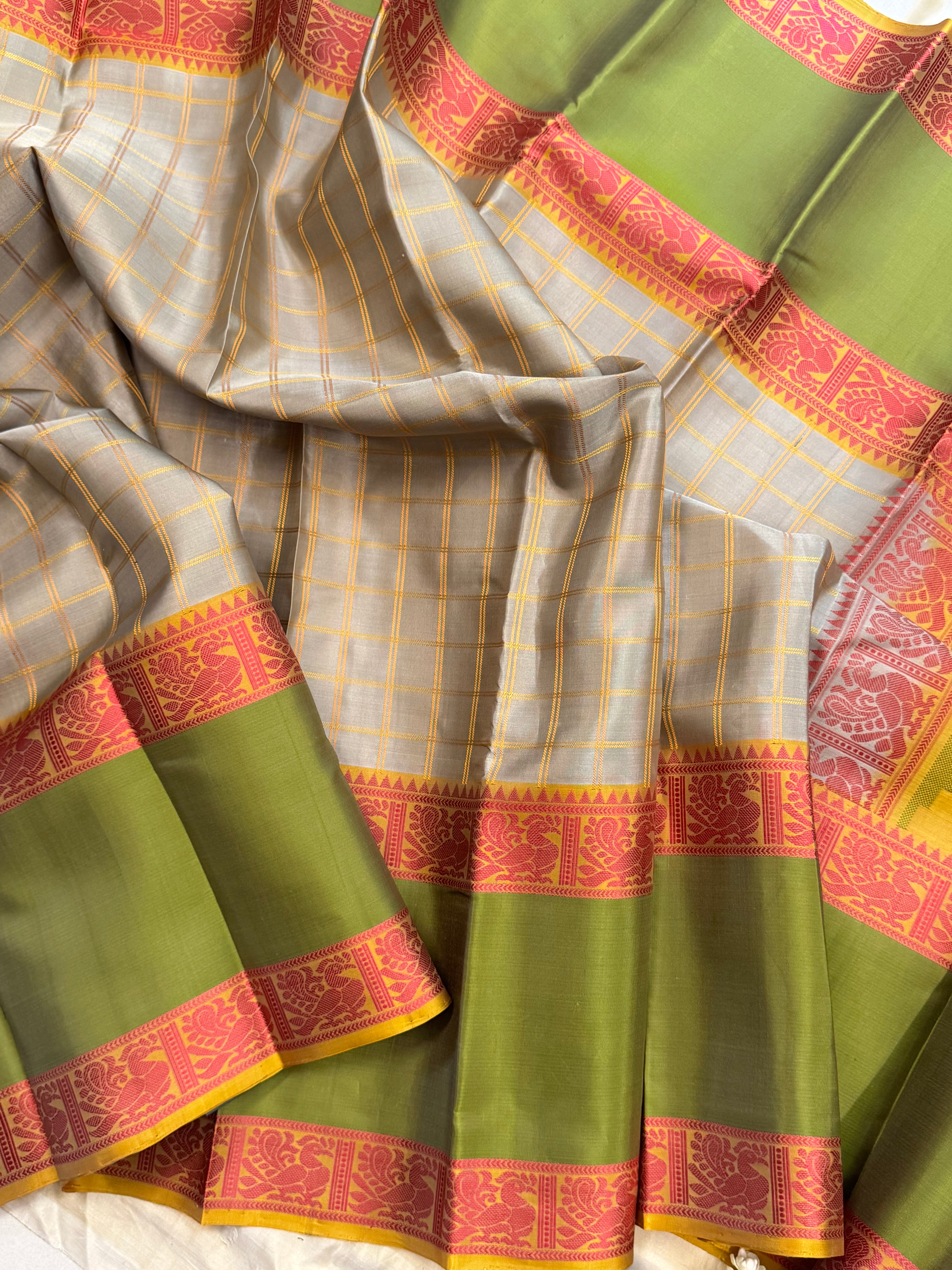 Grey kattam long border/ Varnangal soft silk