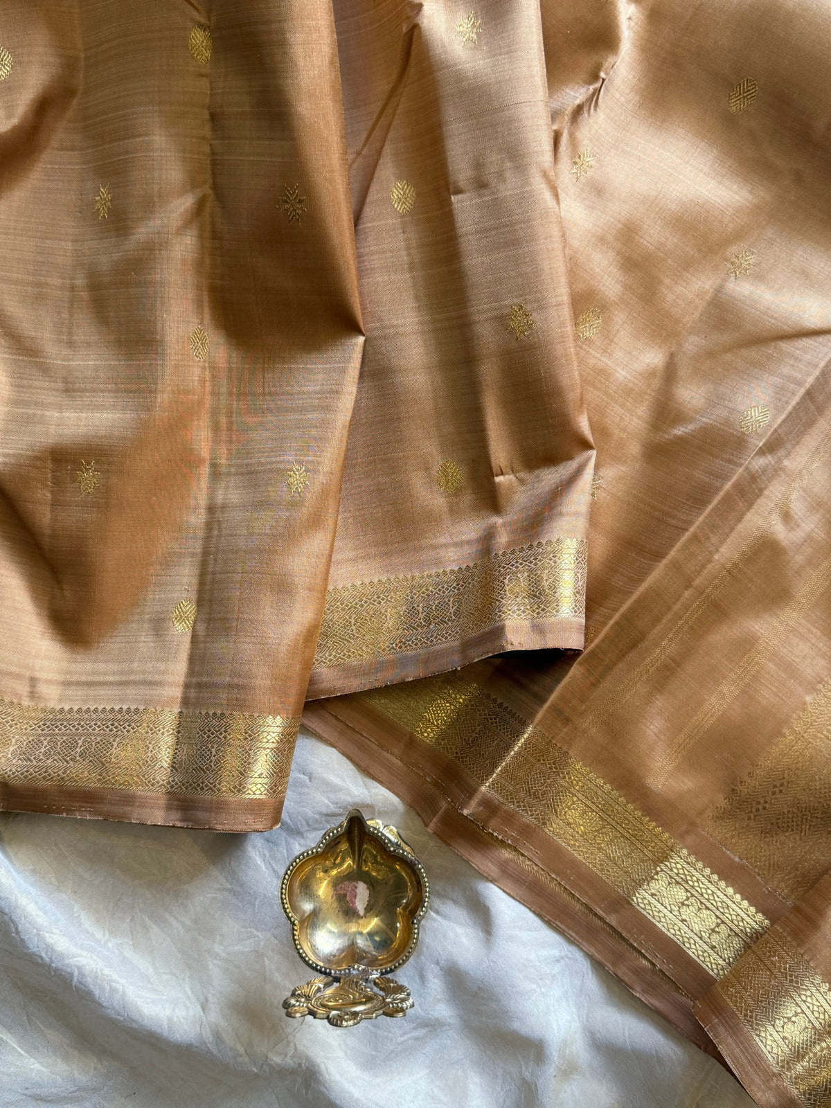 Golden brown color pure Zari pencil border Kanjipuram
