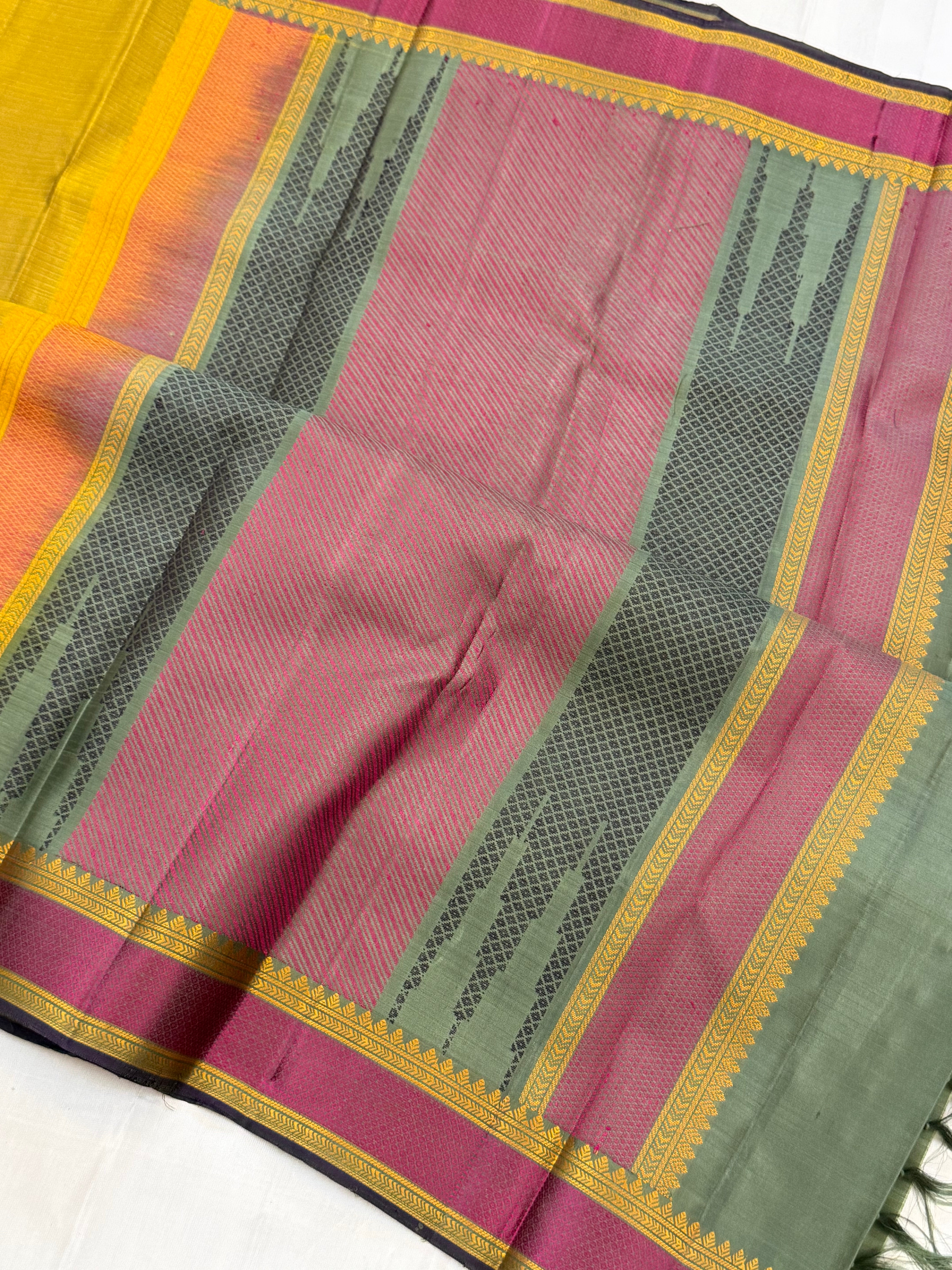Mustard and pink small border/ Varnangal thread work /CLSA 11271