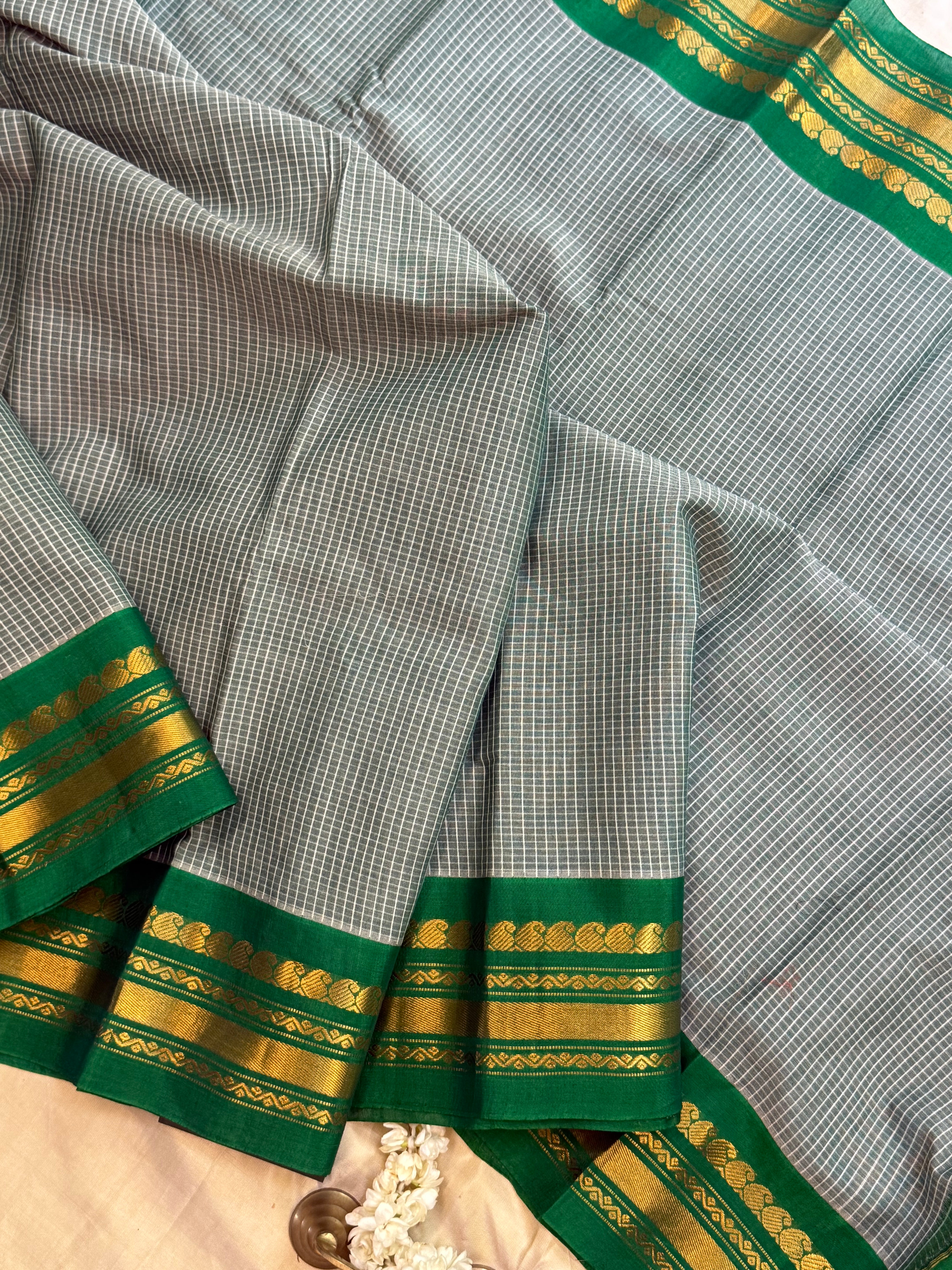 Grey and green korvai / Gadwal cotton (No Blouse )