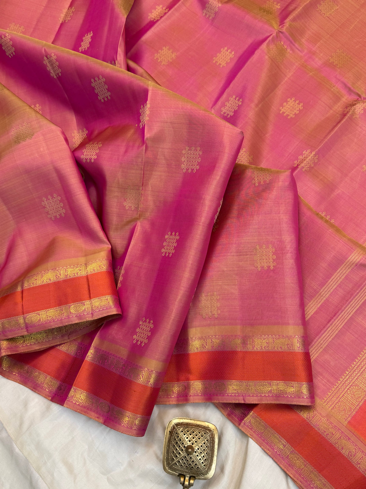 Peach pink Kolam butta pure zari /kanjipuram silk saree clsa 11223