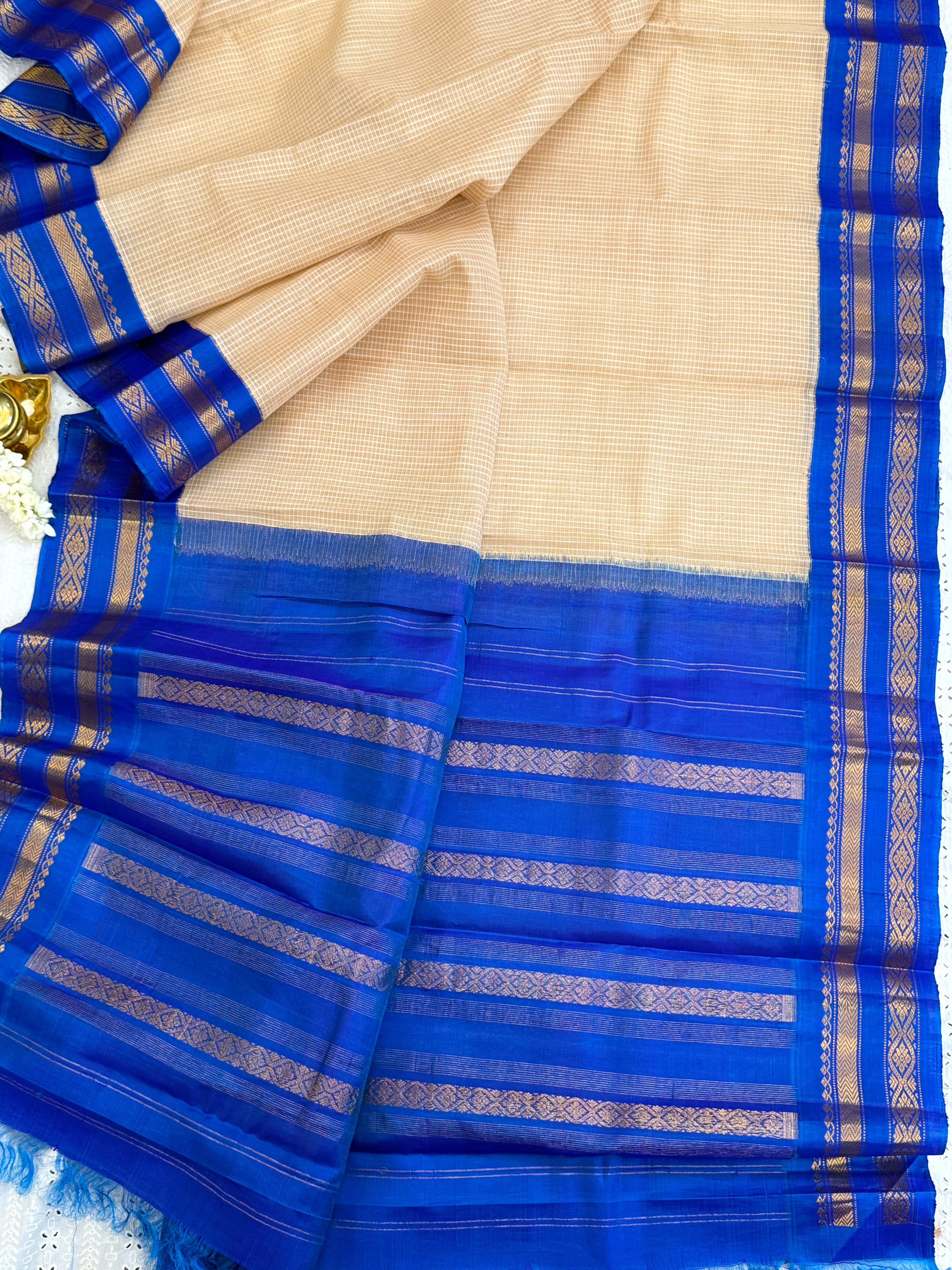 Beige and blue / Gadwal cotton - No Blouse CLSA9308