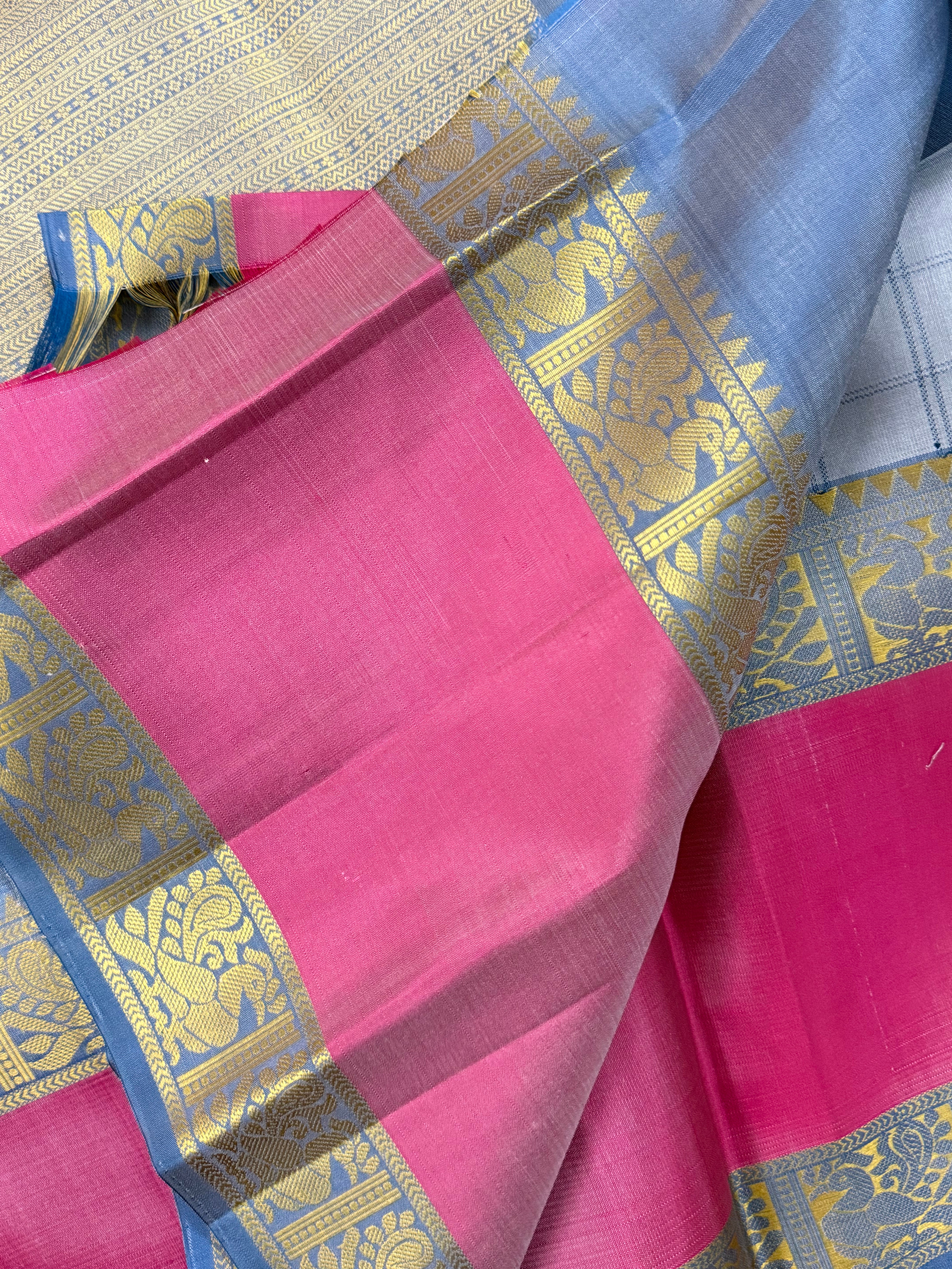 Grey kattam and pink rettapet border / Varnangal Soft Silk
