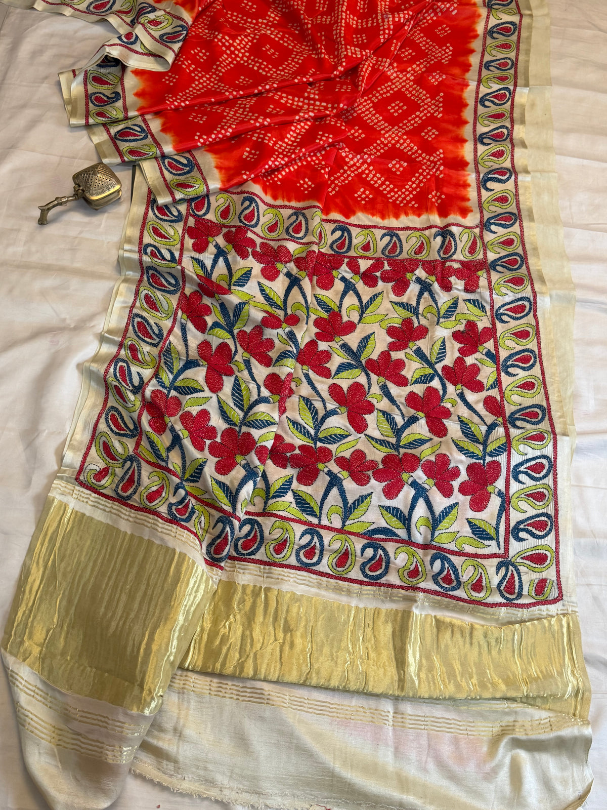 orange Bandhini with Kantha work in gajji silk