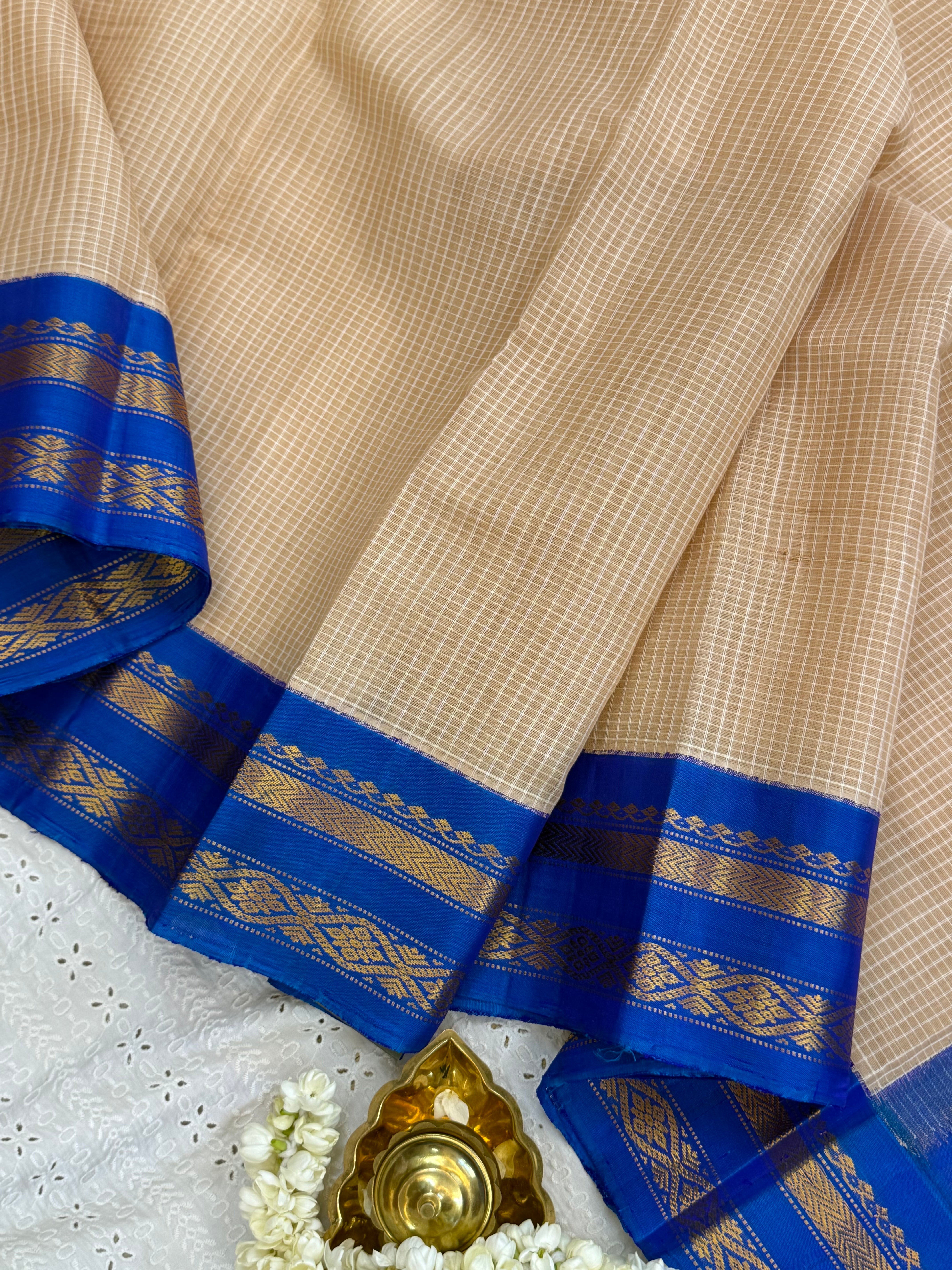 Beige and blue / Gadwal cotton - No Blouse CLSA9308