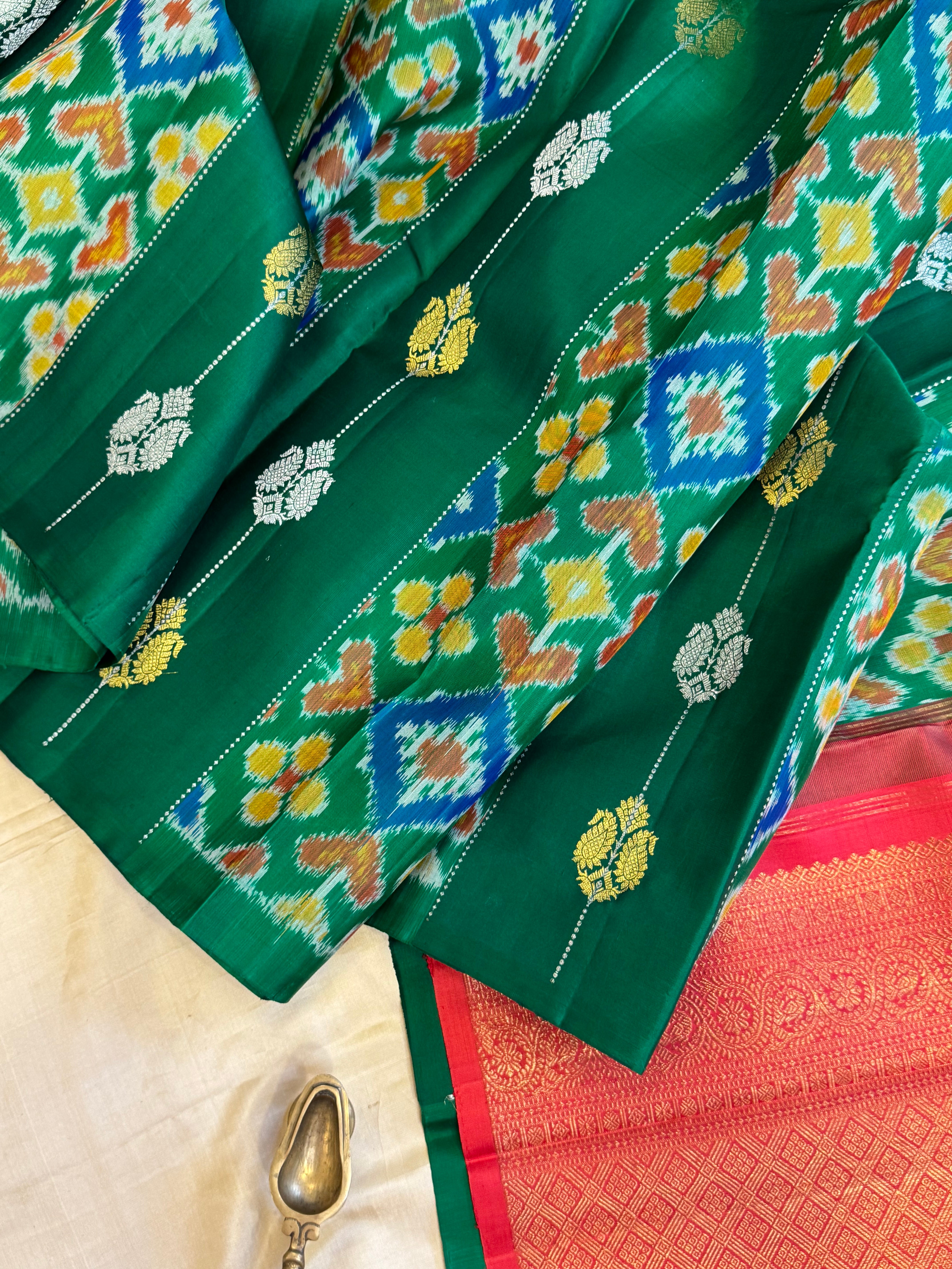 Green  Ikkat fusion kanjipuram saree