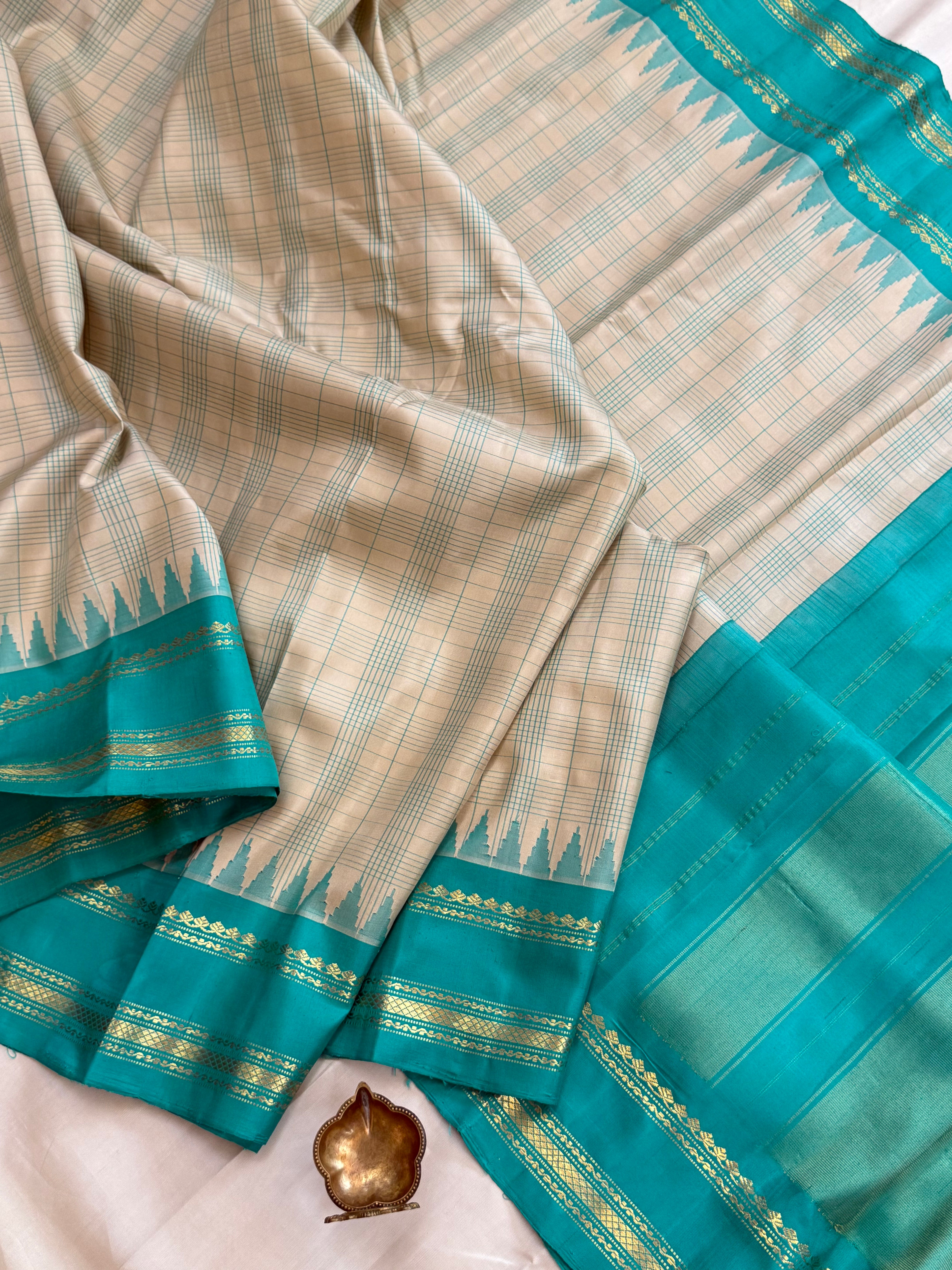 Cream body checks with ice blue temple border/Gadwal silk CLSA11292
