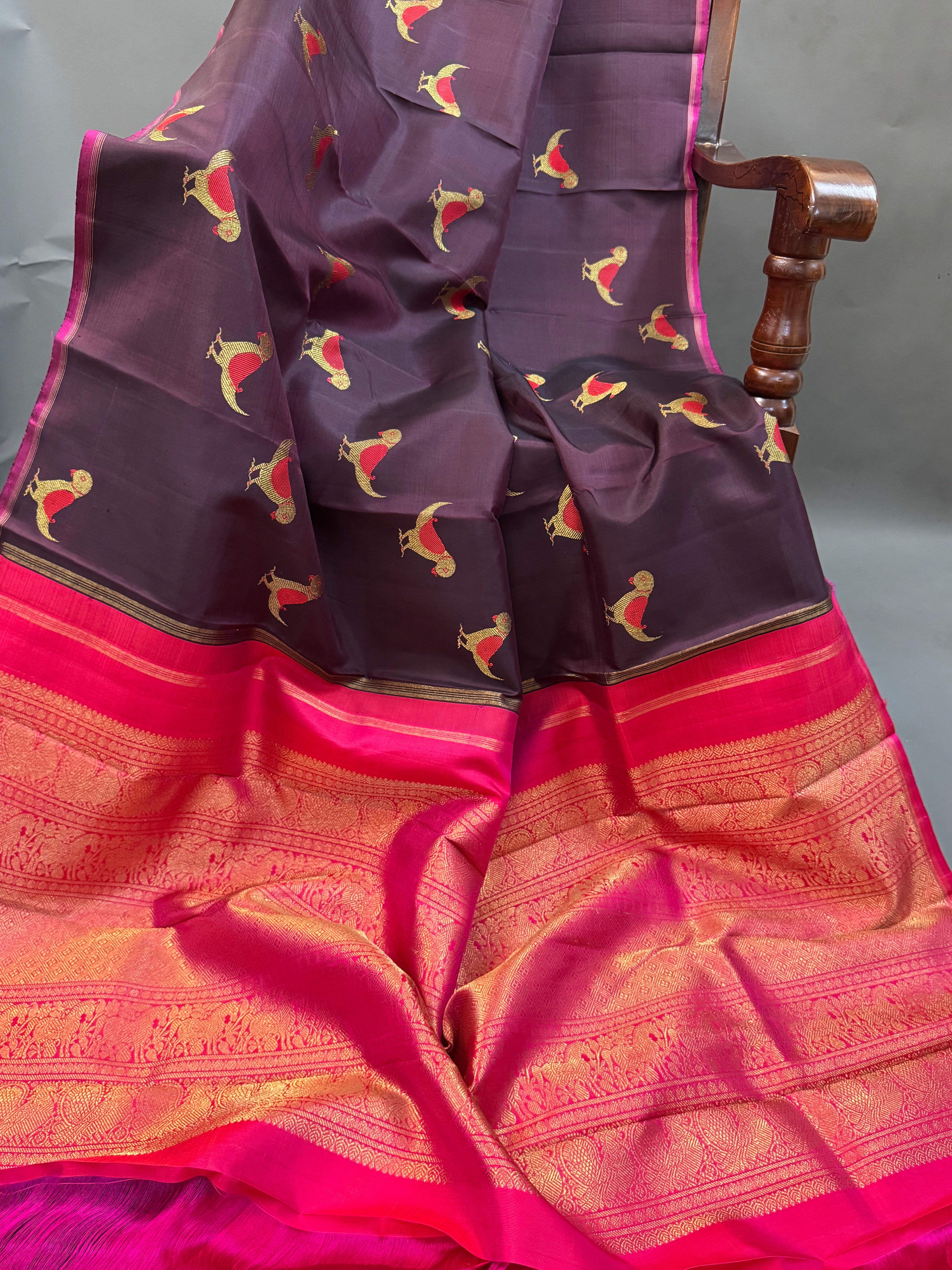 Paaku Meena work bird  Butta  Borderless kanjipuram silk saree