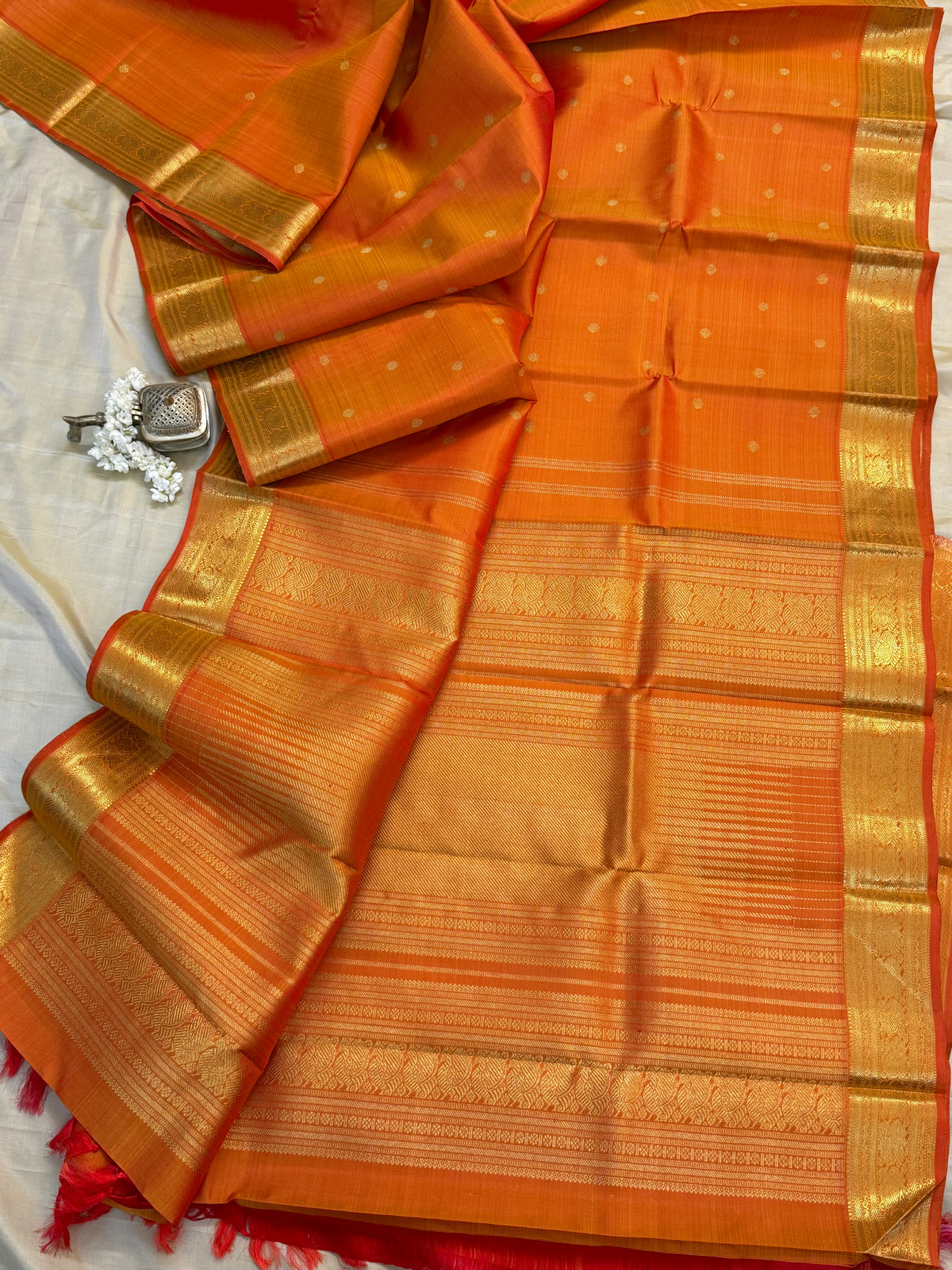 Navarathri - Day 5 Orange Colour pure Zari butta getti border /Kanjipuram silk sree Clsa 10590