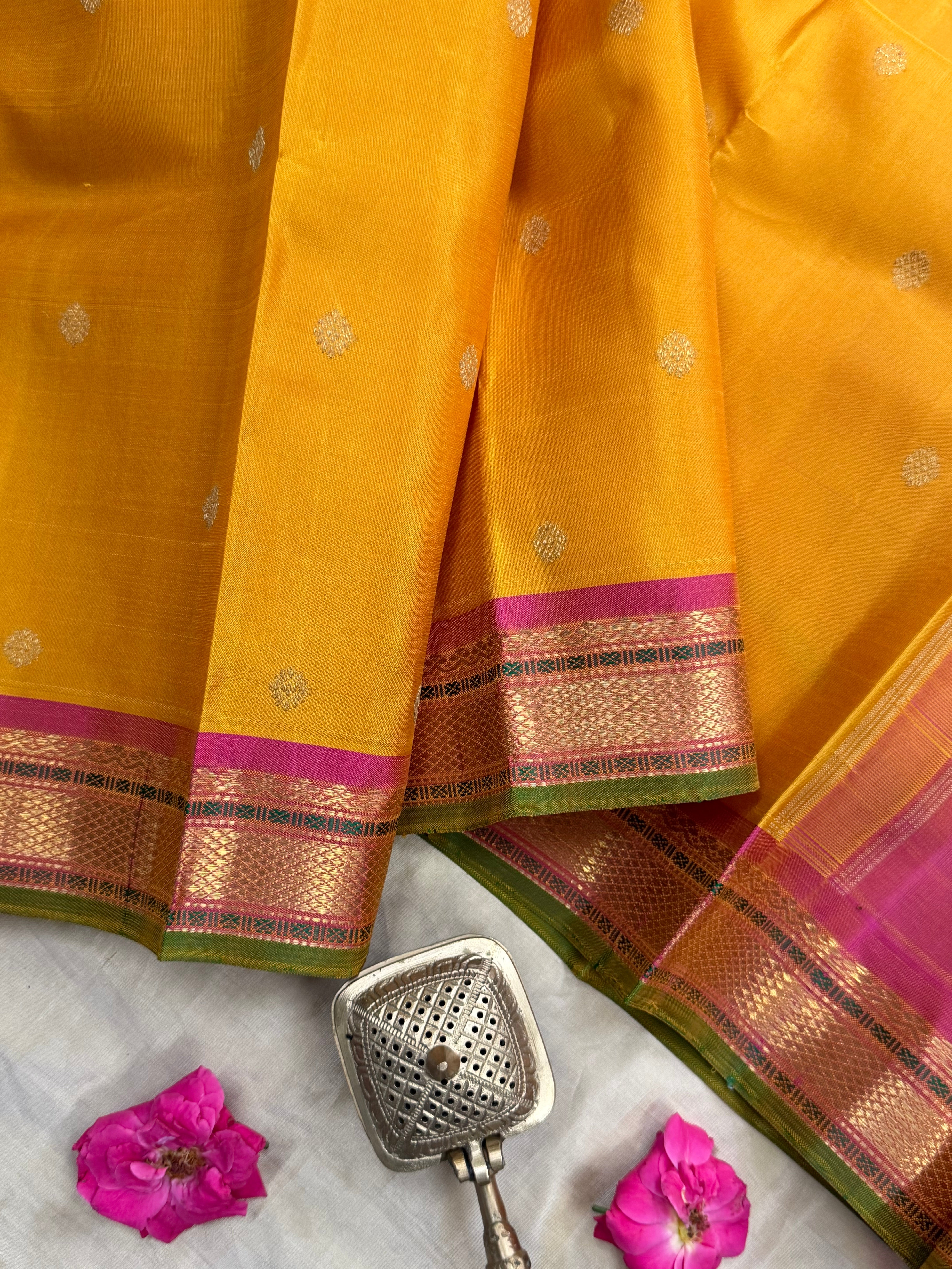Golden mustard yellow small border pure Zari Kanjipuram silk CLSA9057