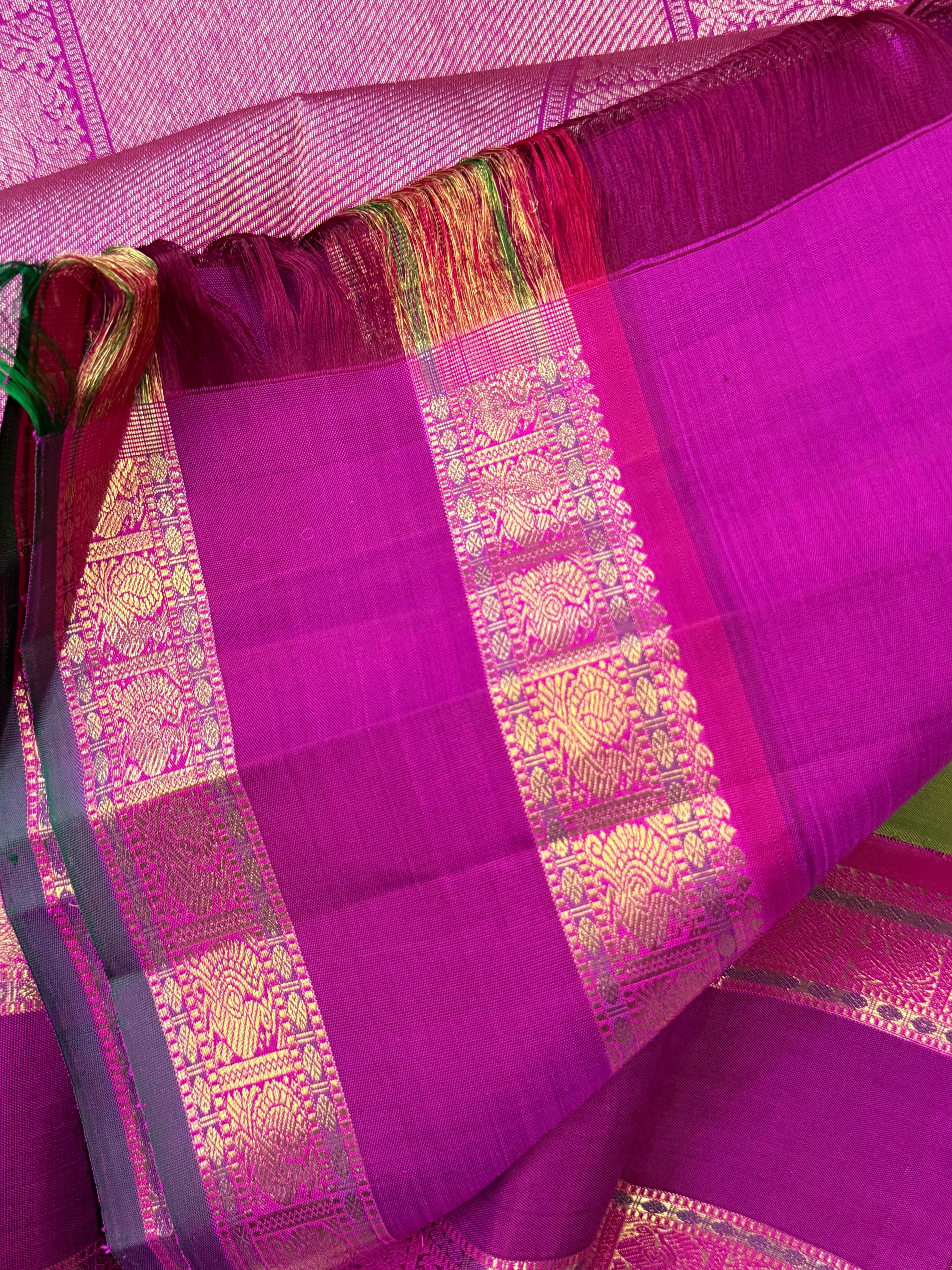 Olive green and magenta pink rettapet border kai korvai/ Kanjipuram silk