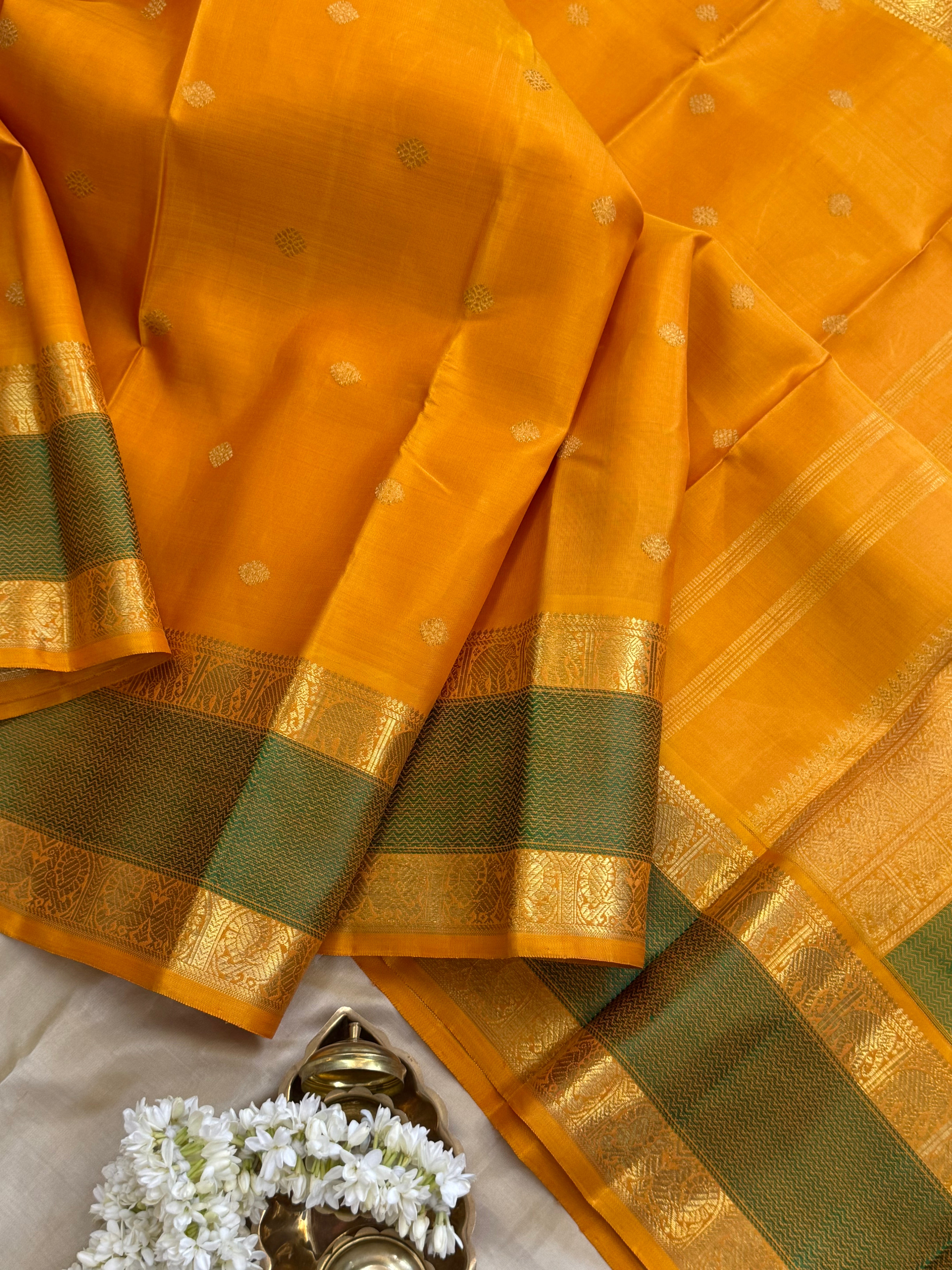 Mustard yellow body retta pet elephant and annam border/ kanjipuram silk CLSA7735
