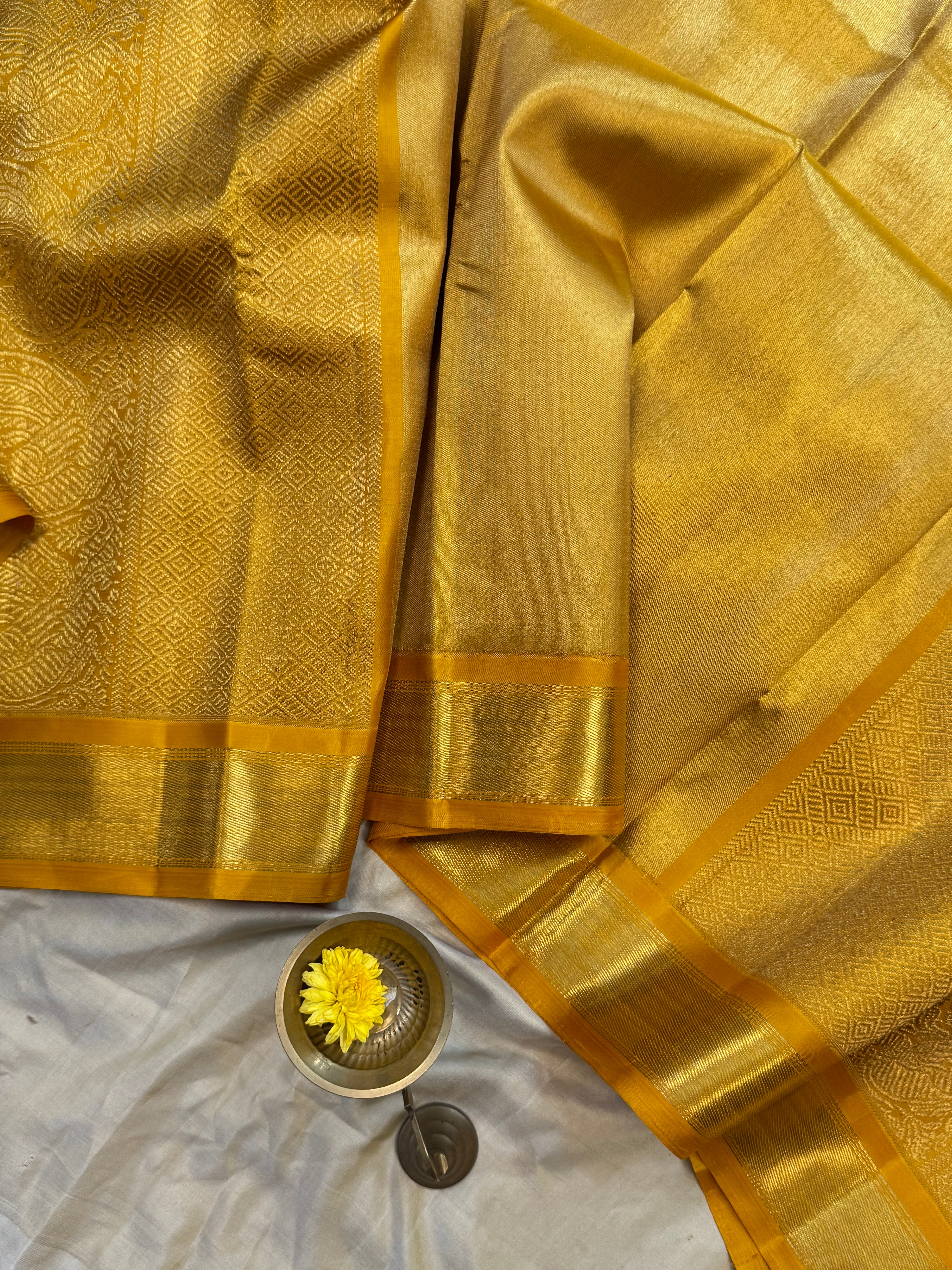 Golden mustard yellow berhampuri style long Palla kanjipuram silk.