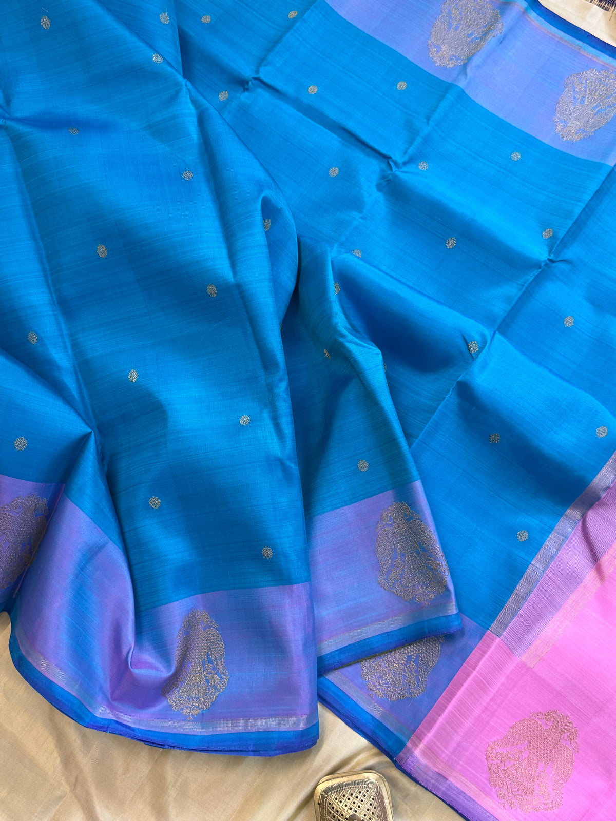 Sea blue irutalaipakshi border pure Kanjipuram silk