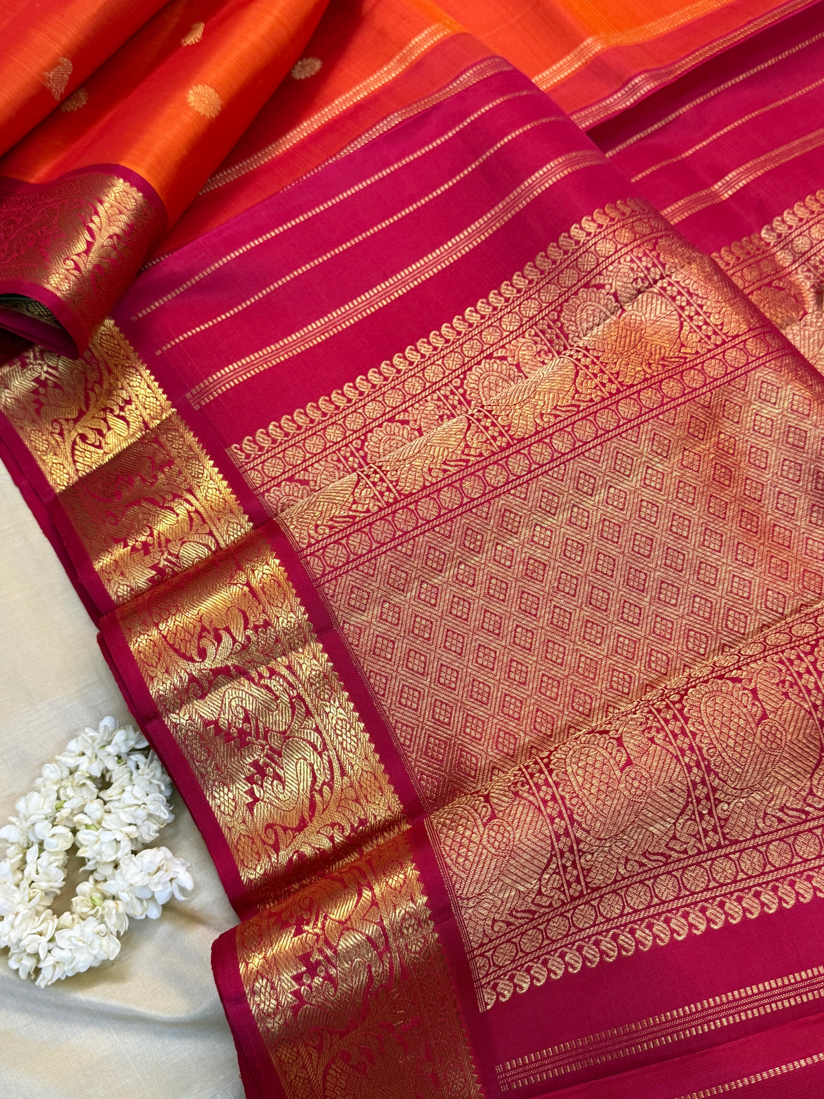 Navarathri - Day 5 Orange Colour pure Zari butta / Kanjipuram silk sree Clsa10160
