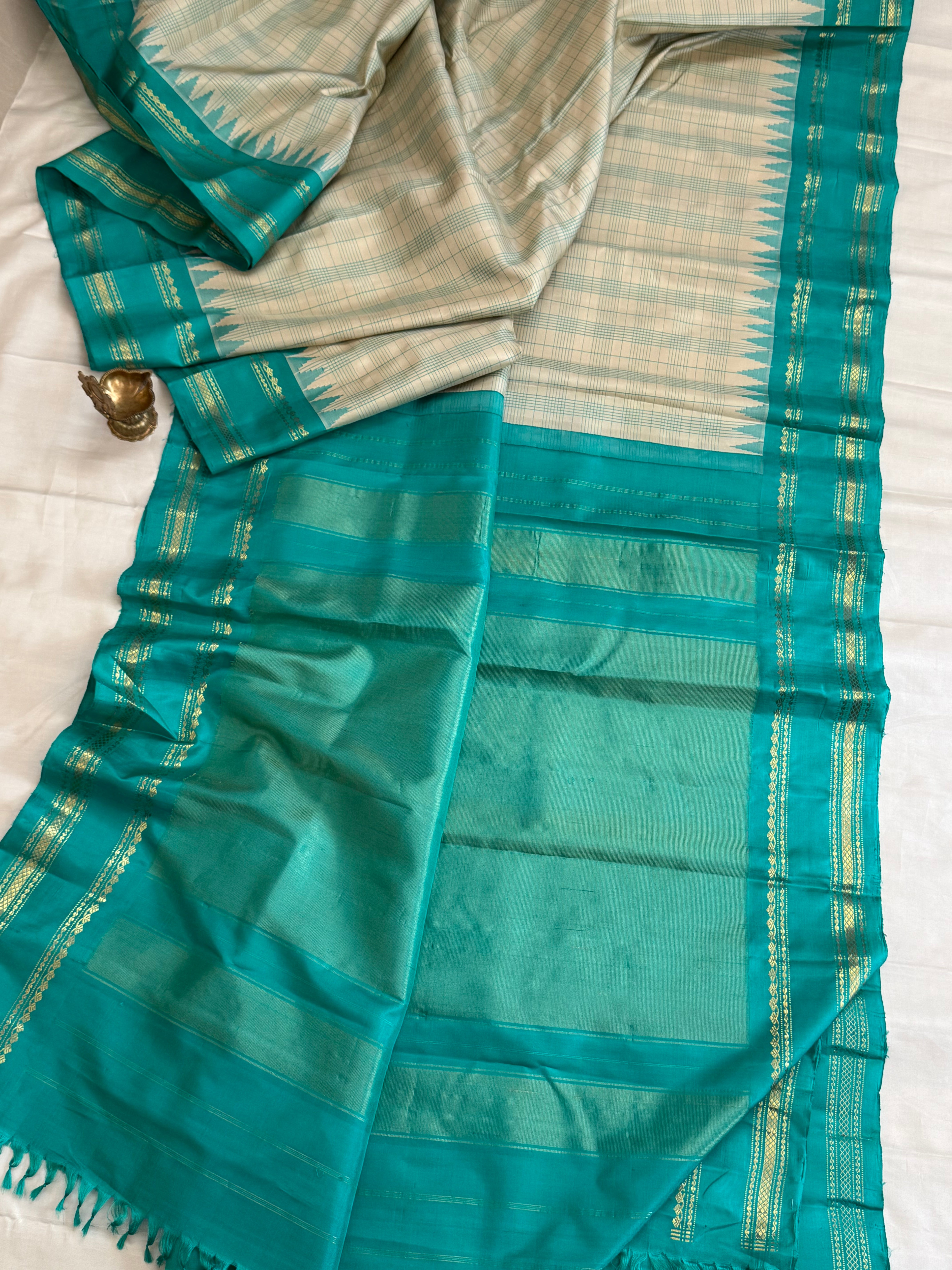 Cream body checks with ice blue temple border/Gadwal silk CLSA11292