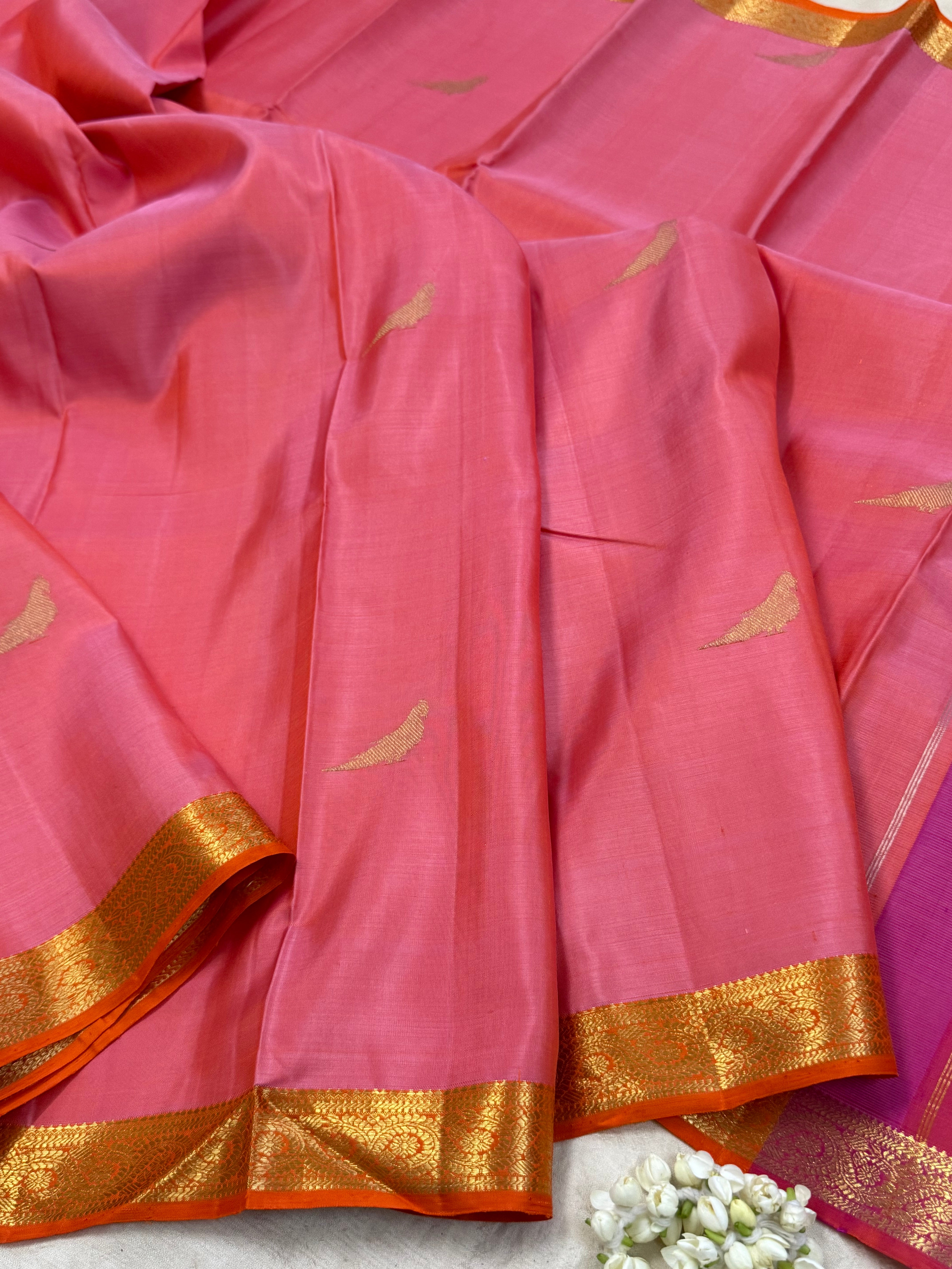 Peachish pink killi butta small border/ Kanjipuram silk