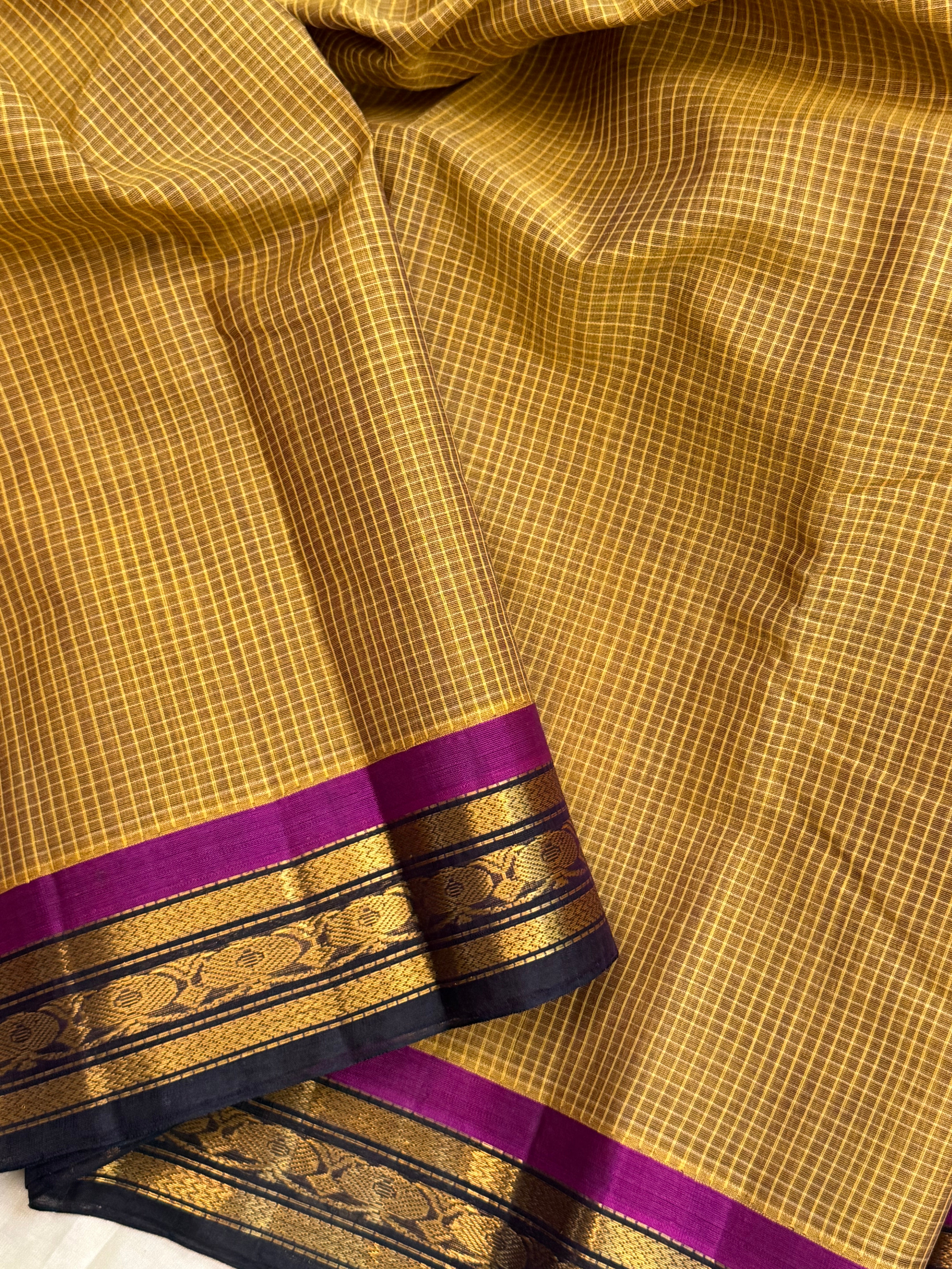 Mustard yellow and deep purple korvai / Gadwal cotton ( No Blouse)
