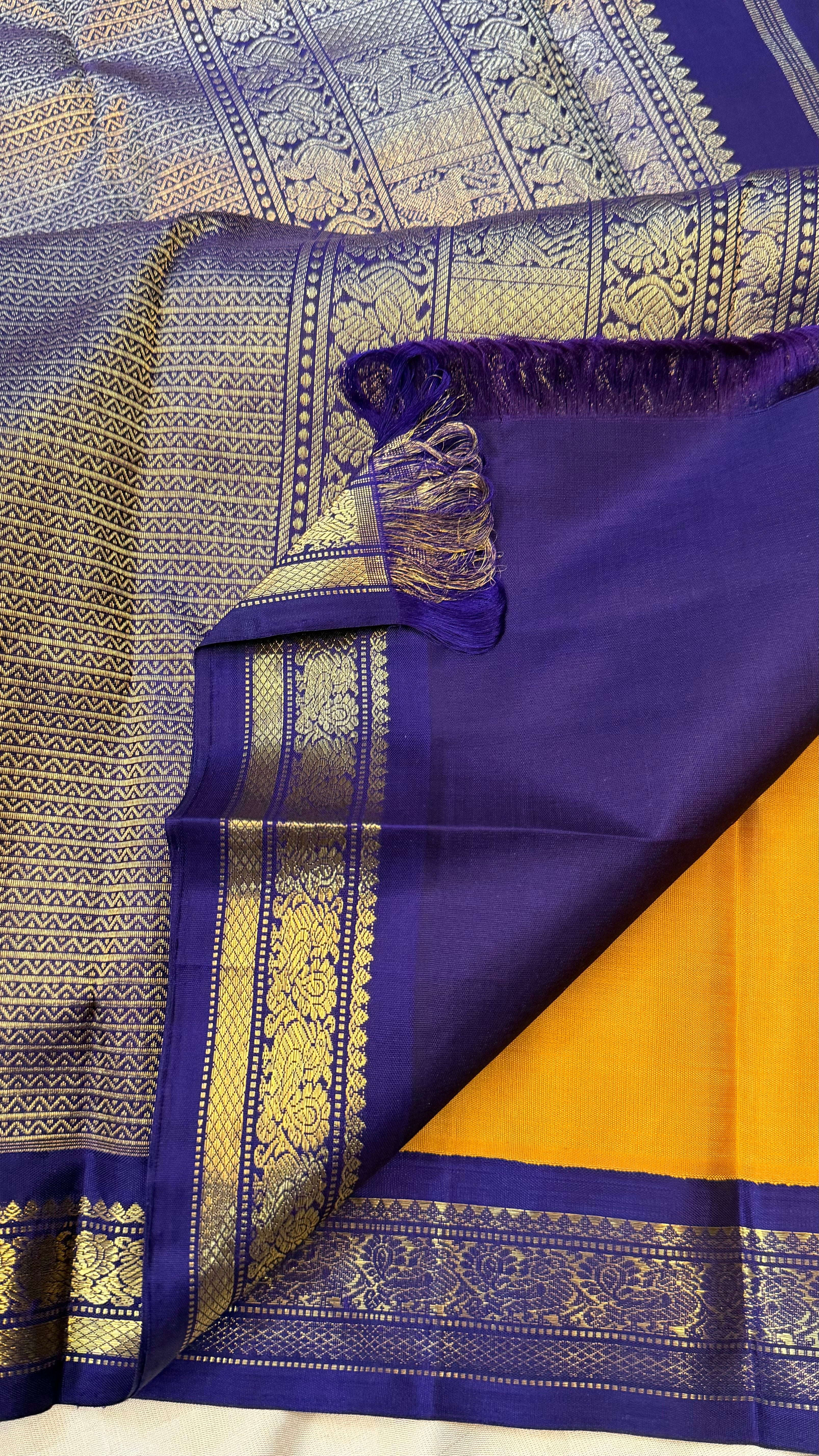 Golden yellow and dark blue kai korvai/ Kanjipuram Silk