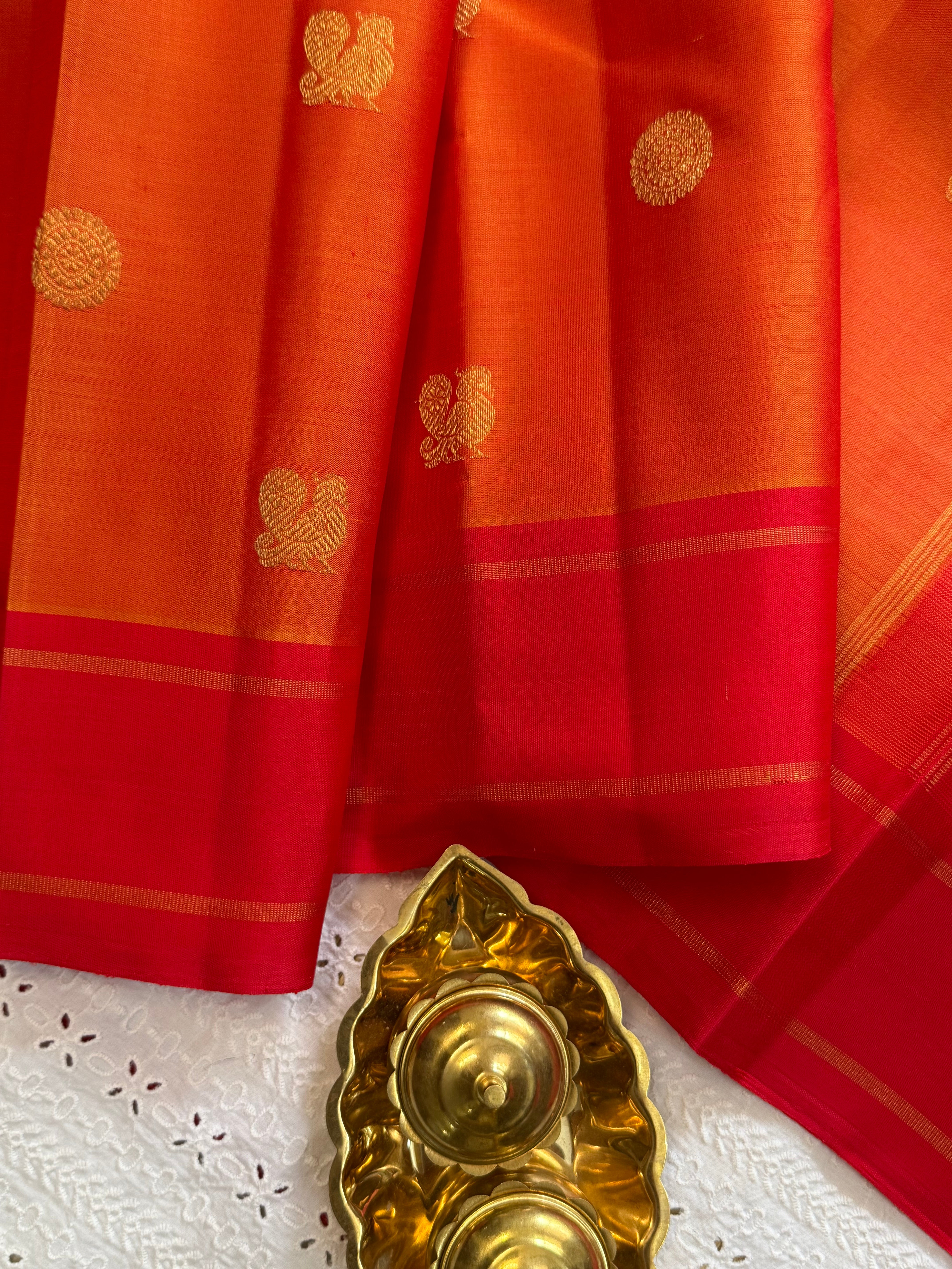 Simha and red annam and chakram butta/ Kanjipuram silk