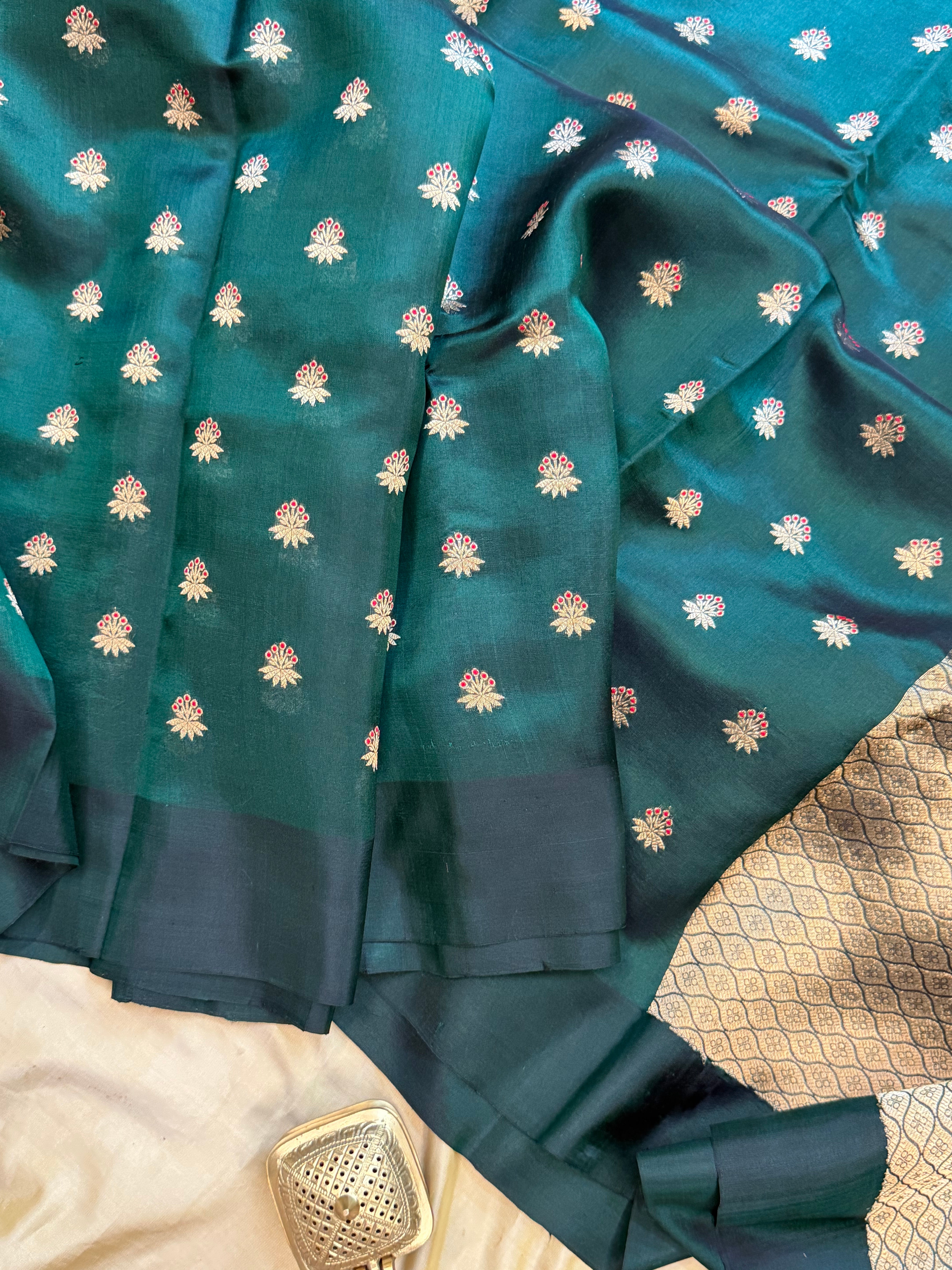 Dark bottle green meenakari hazar / revival Chanderi silk