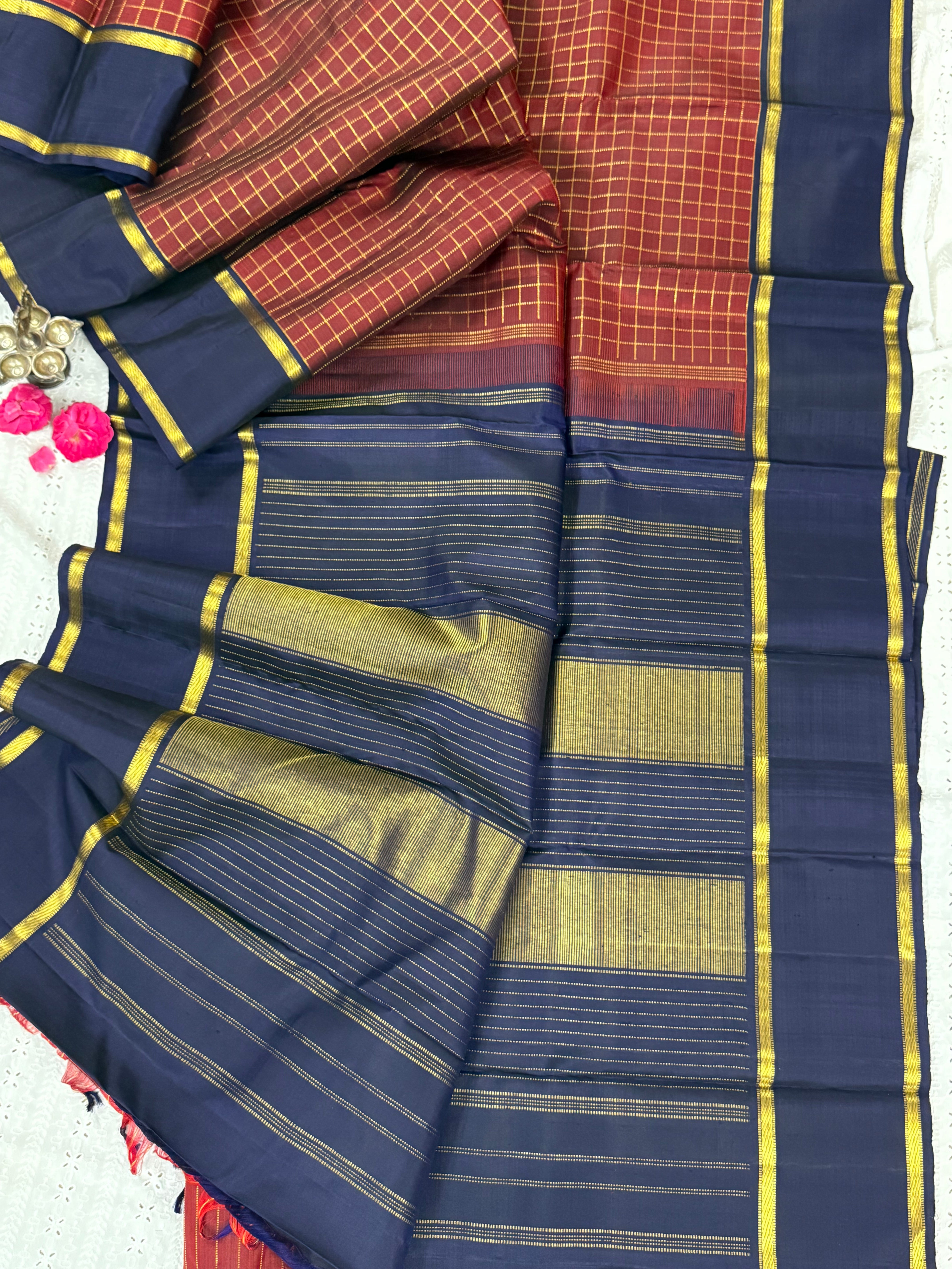 Deep rust kattam and navy blue/ Arani silk
