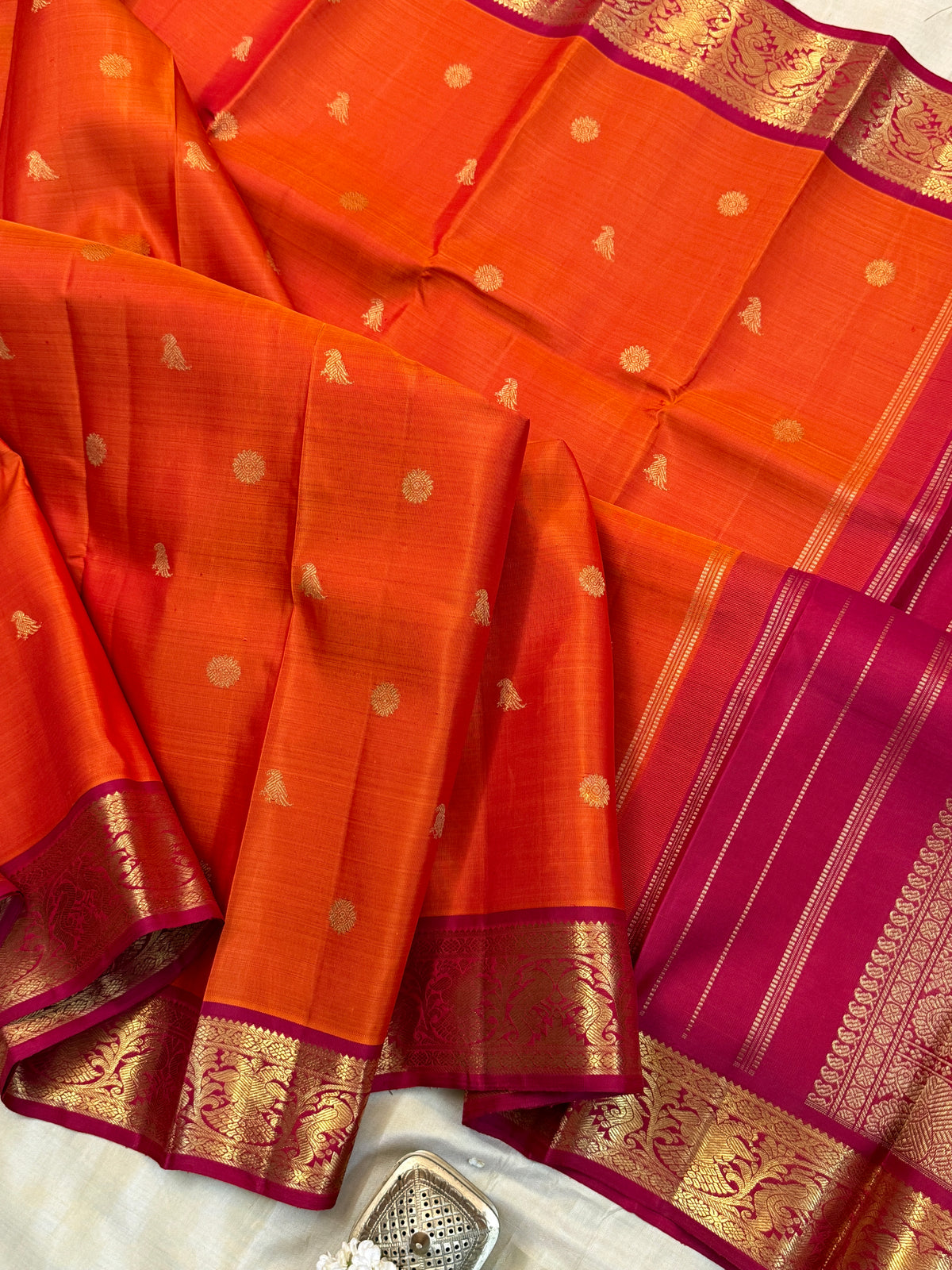 Navarathri - Day 5 Orange Colour pure Zari butta / Kanjipuram silk sree Clsa10160