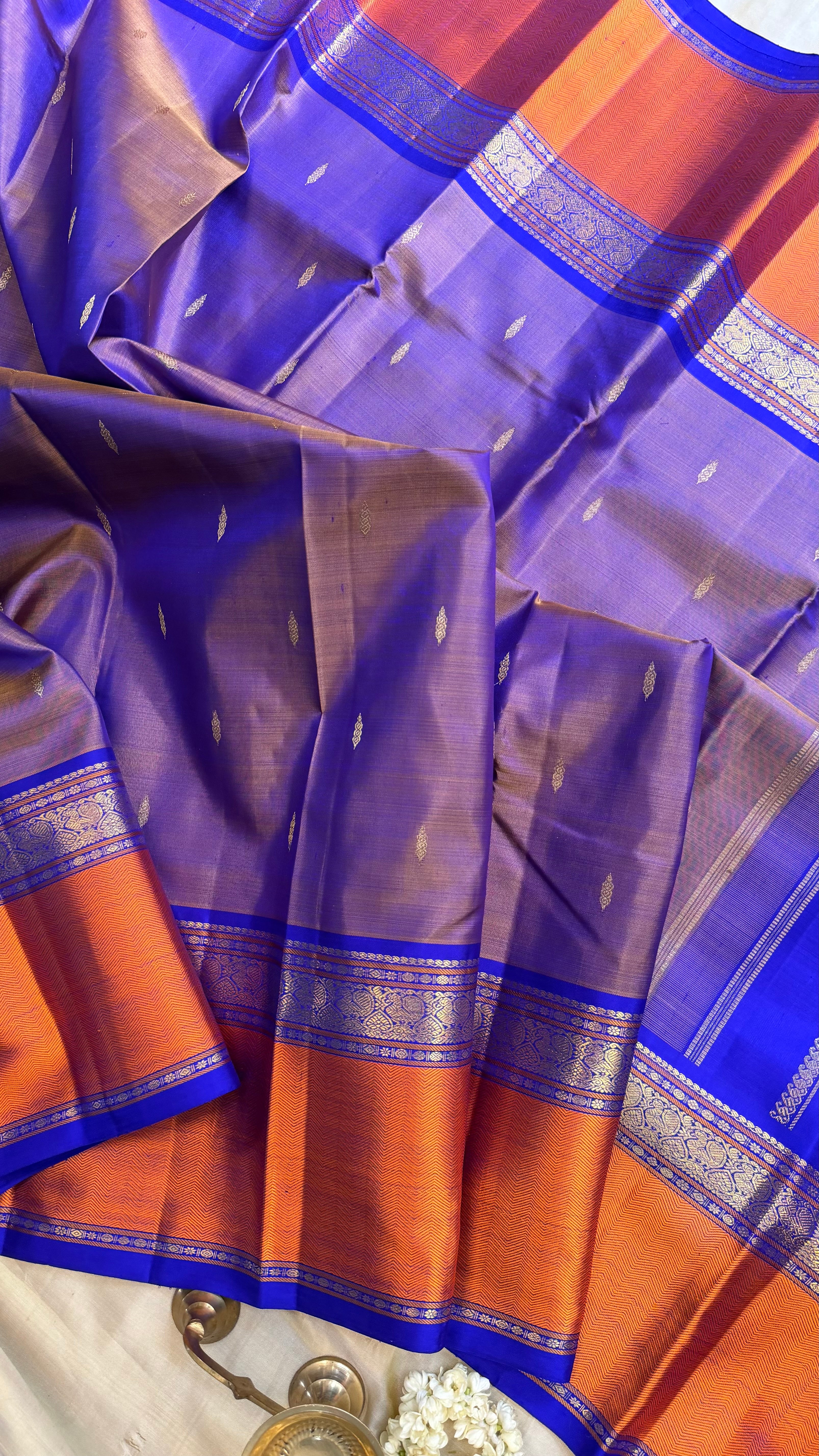 Master weaver - purple shot chocolate brown and rust border / Kanjipuram Silk
