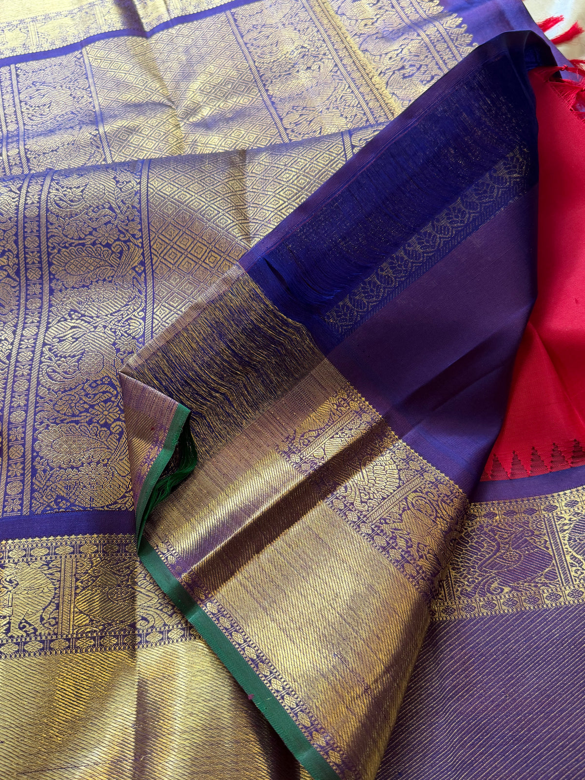 Red with blue Kai Korvai pure Kanjipuram silk