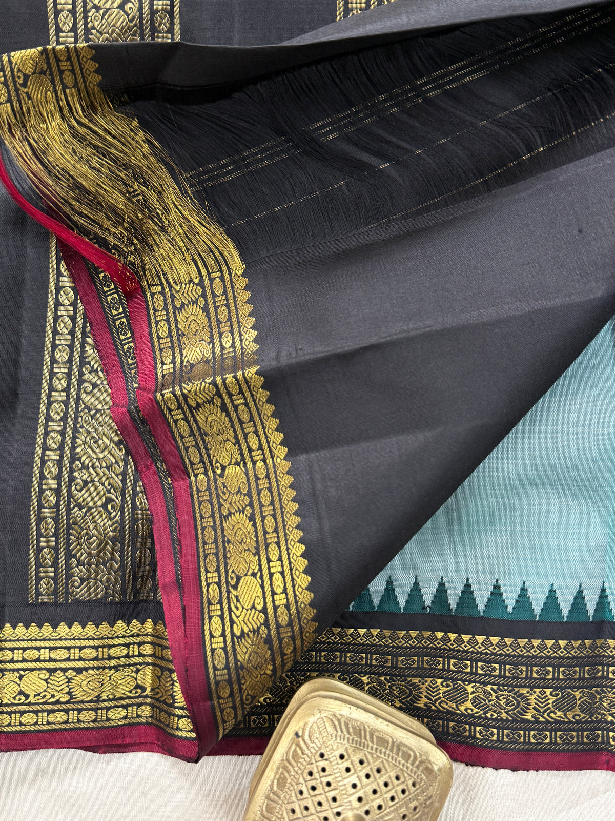 Rama green shot slate small border Korvai pure Kanjipuram silk clsa 11662
