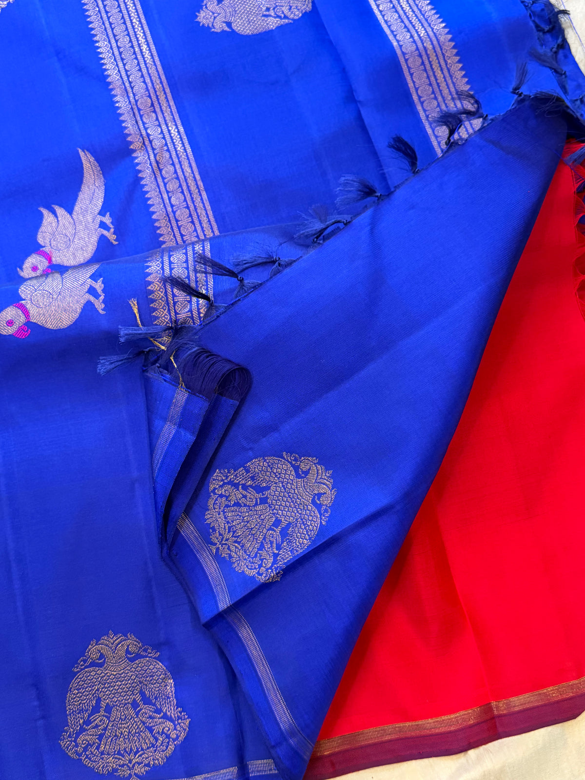 Chilli red border irutalaipakshi - pure Zari Kanjipuram silk