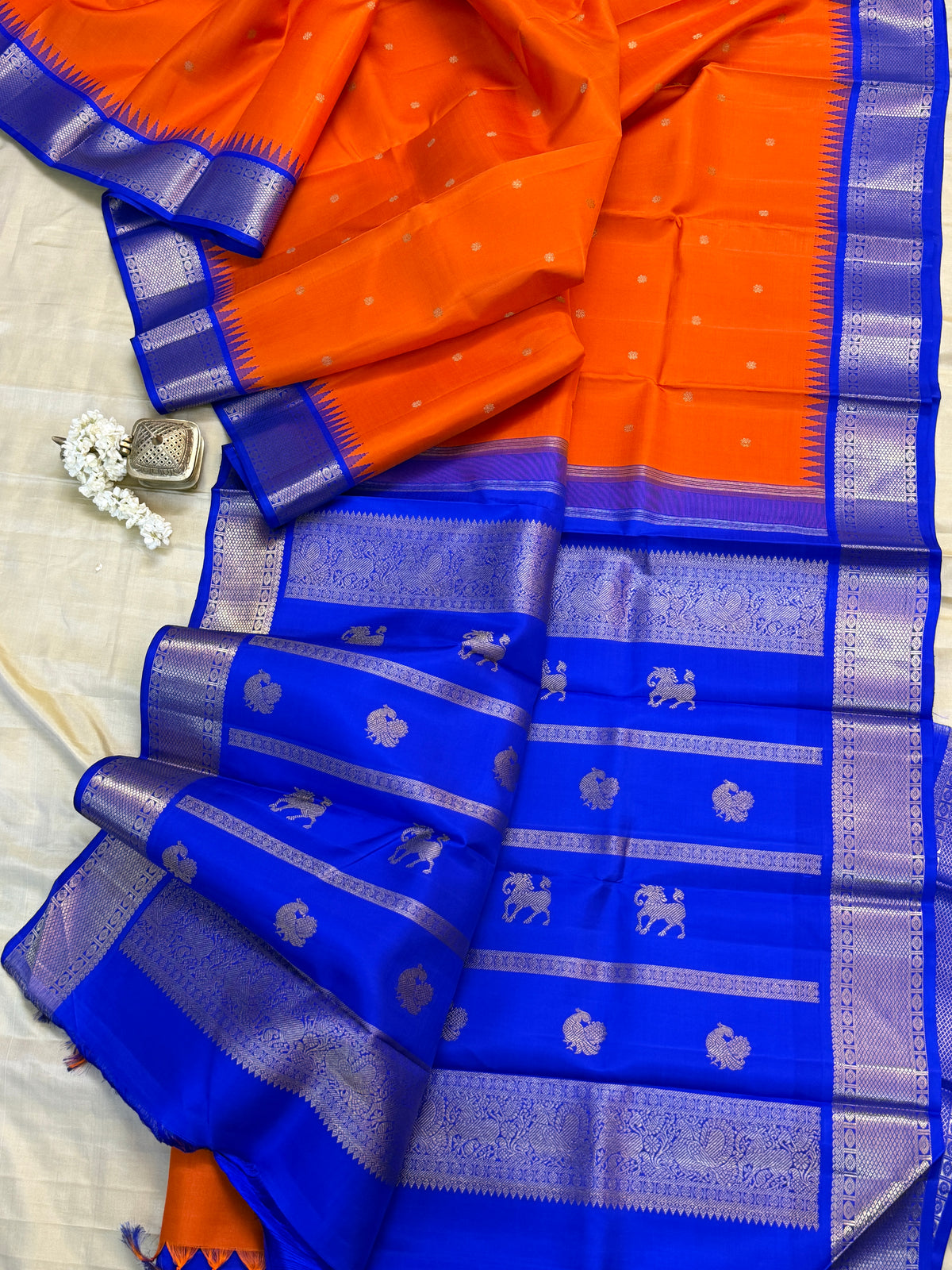 Navarathri - Day 5 Orange Colour pure Zari butta Korvai /Kanjipuram silk sree Clsa 4445