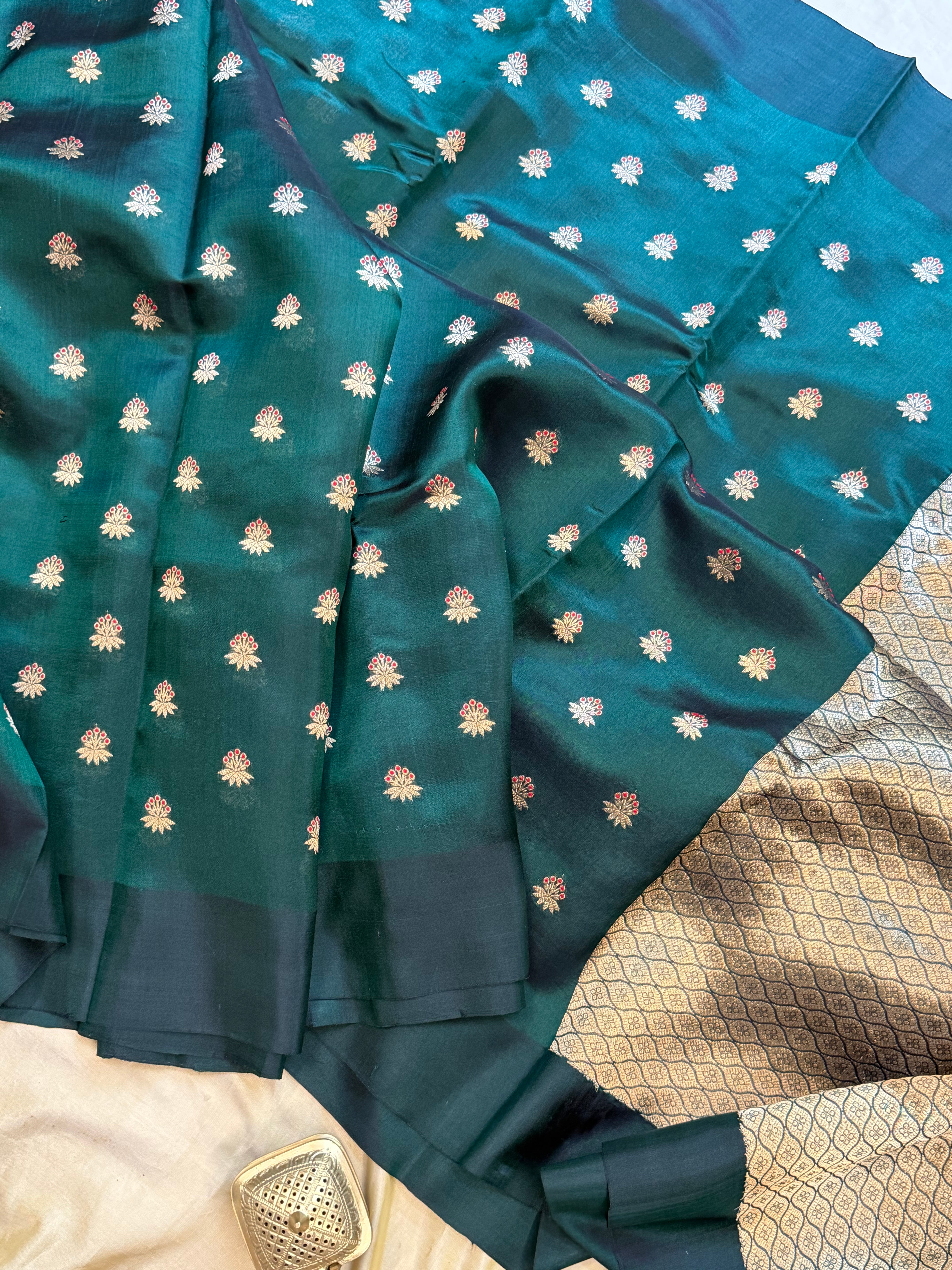 Dark bottle green meenakari hazar / revival Chanderi silk