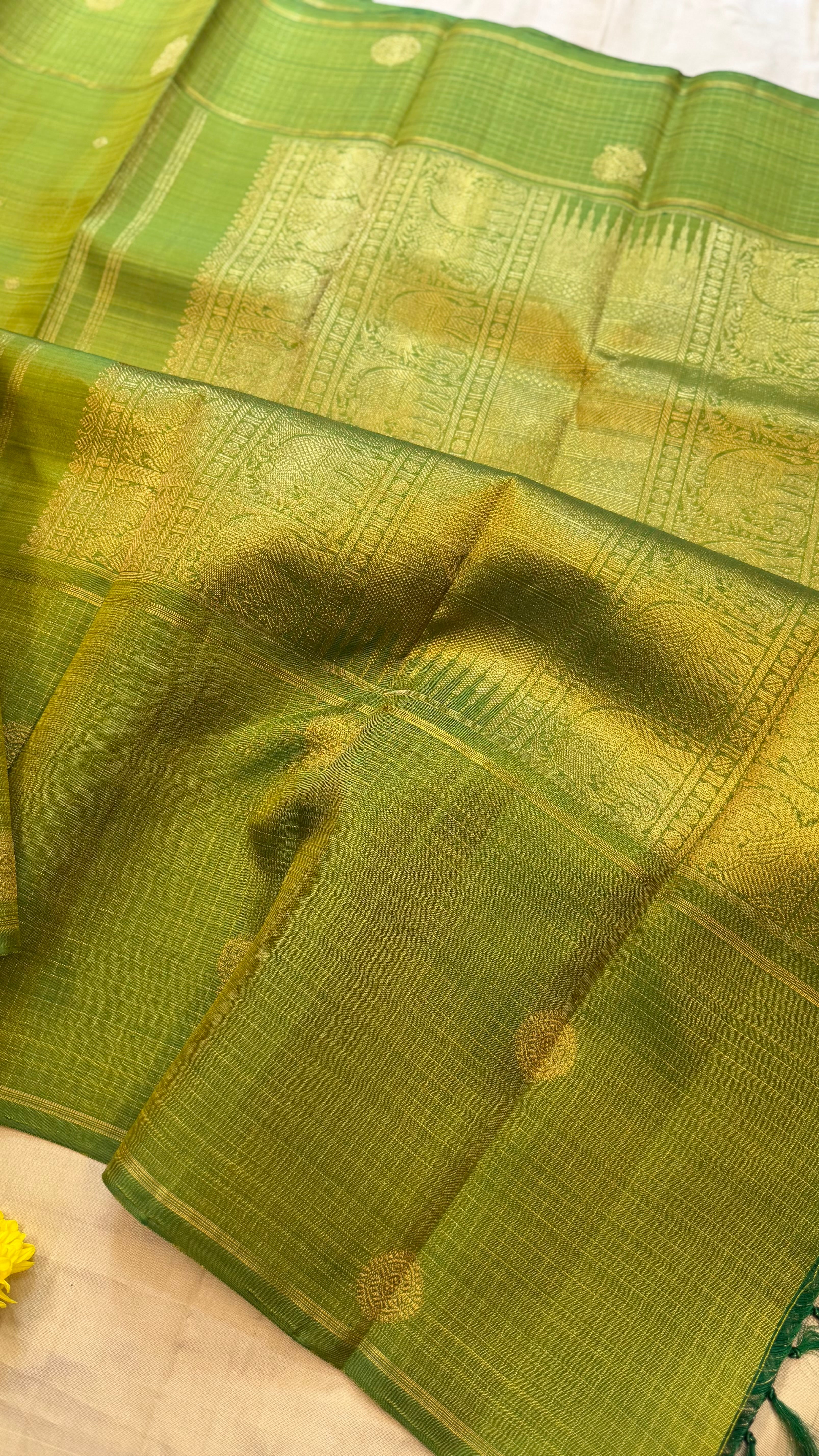 Green long checked border / Kanjipuram Silk