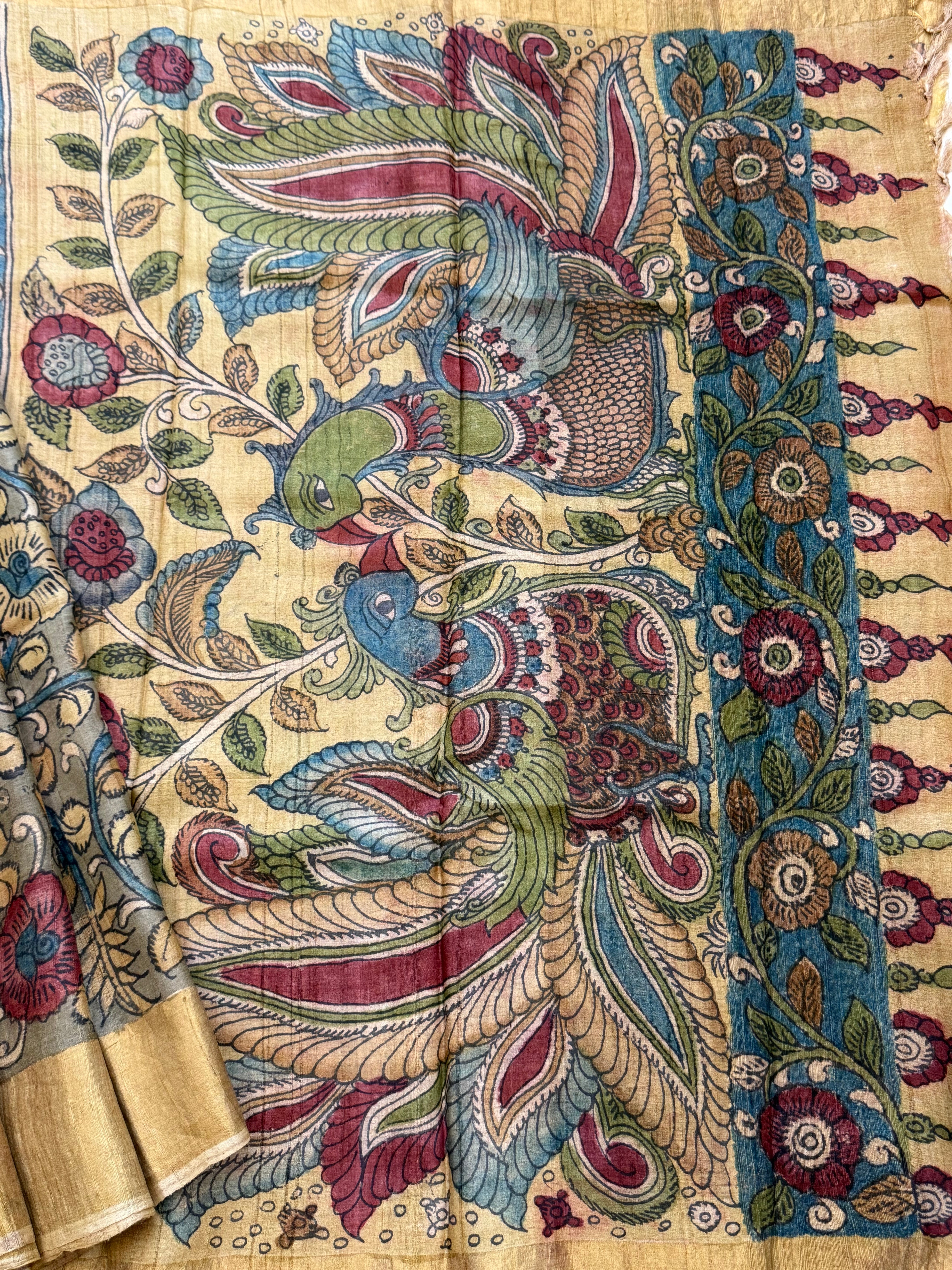 Hand drawn natural dyed pen kalamkari sarees / clsa 11126