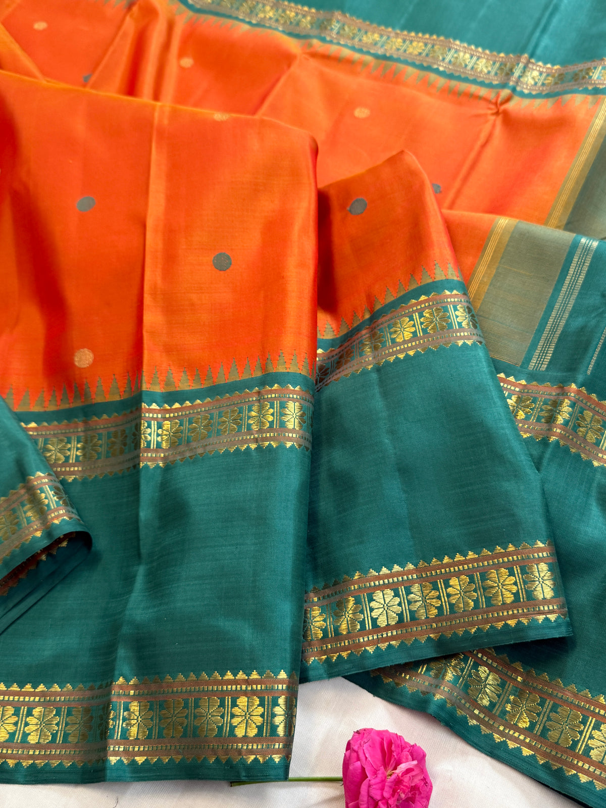 Rustic orange coin thread and zari butta on body with Retta pet / Kanchipuram silk CLSA11599