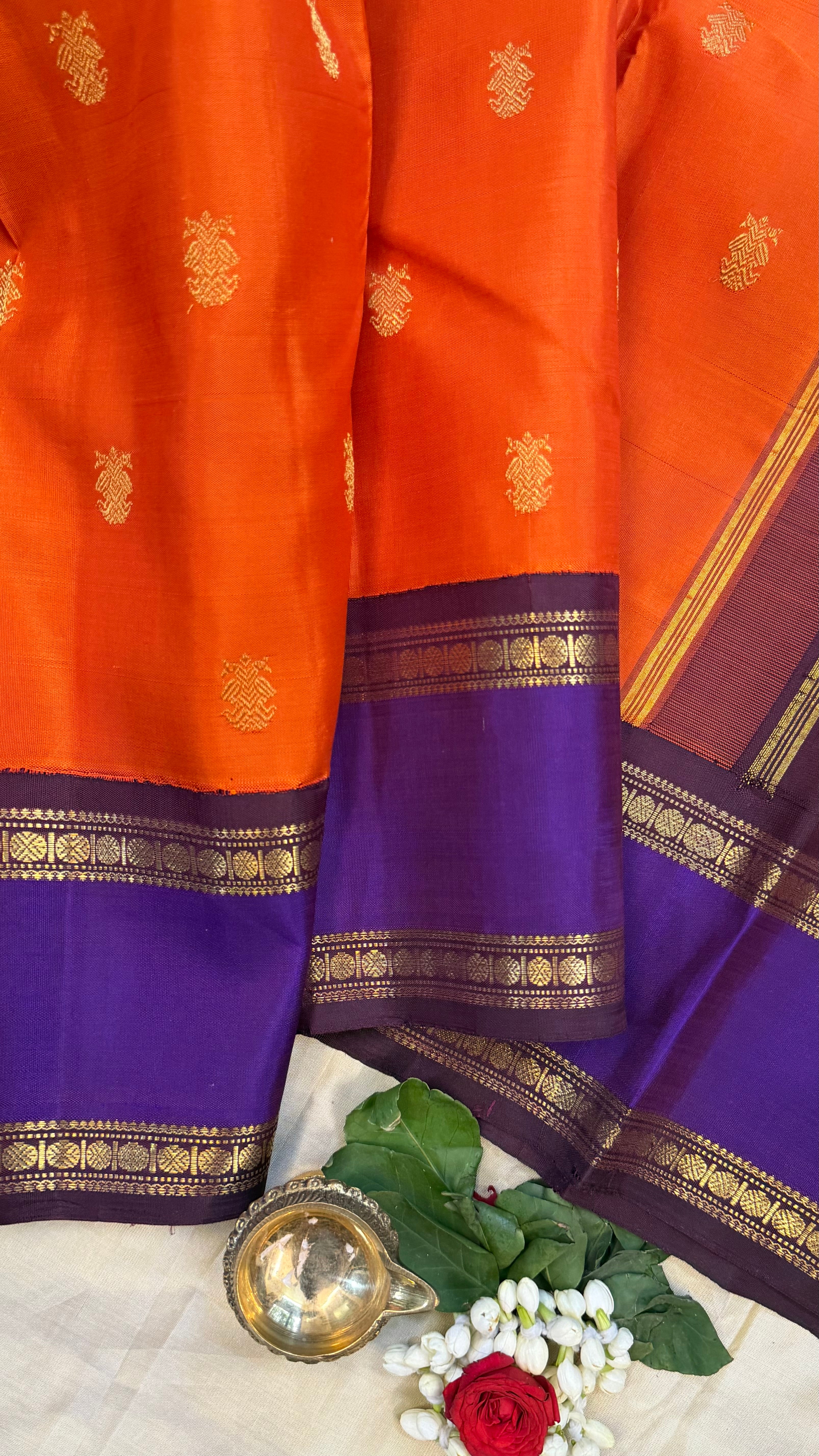Rustic orange and purple rettapet border kai korvai/ kanjipuram silk