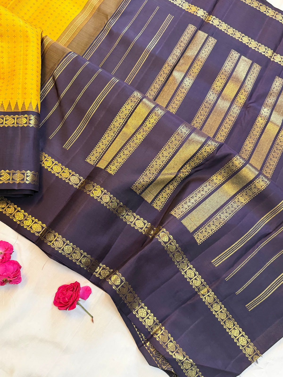 Yellow - Day 1 Navarthri colour pure Zari Kanjipuram silk / plus Butta Korvai