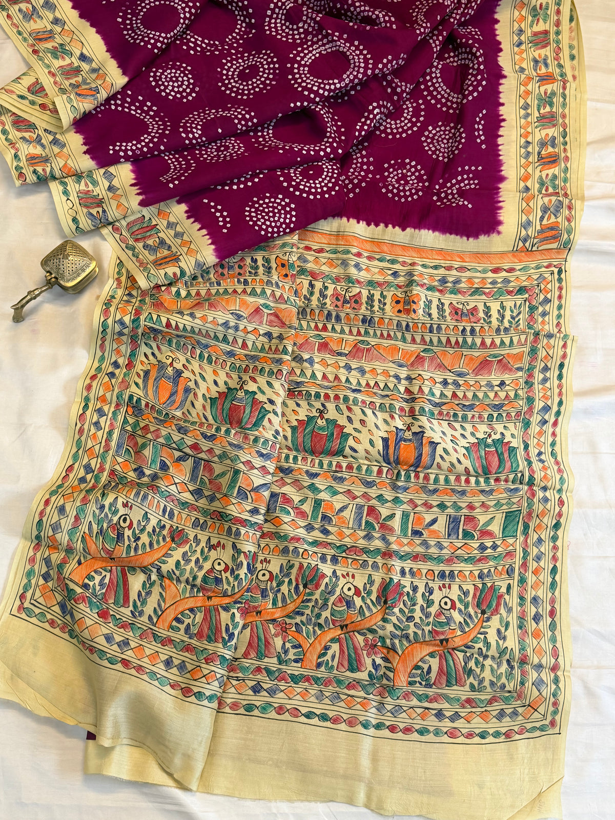 Purple  Bandhini with Madhubani work in silk