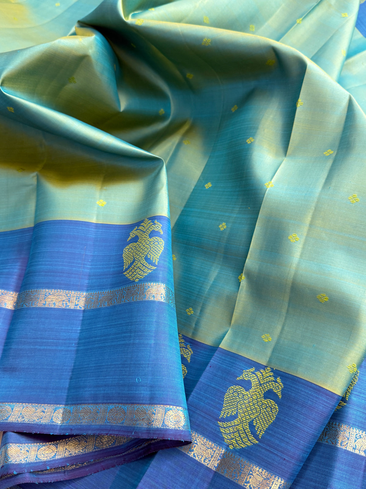 Aqua blue and iruthalaipakshi butta/kanjipuram silk saree clsa 11621