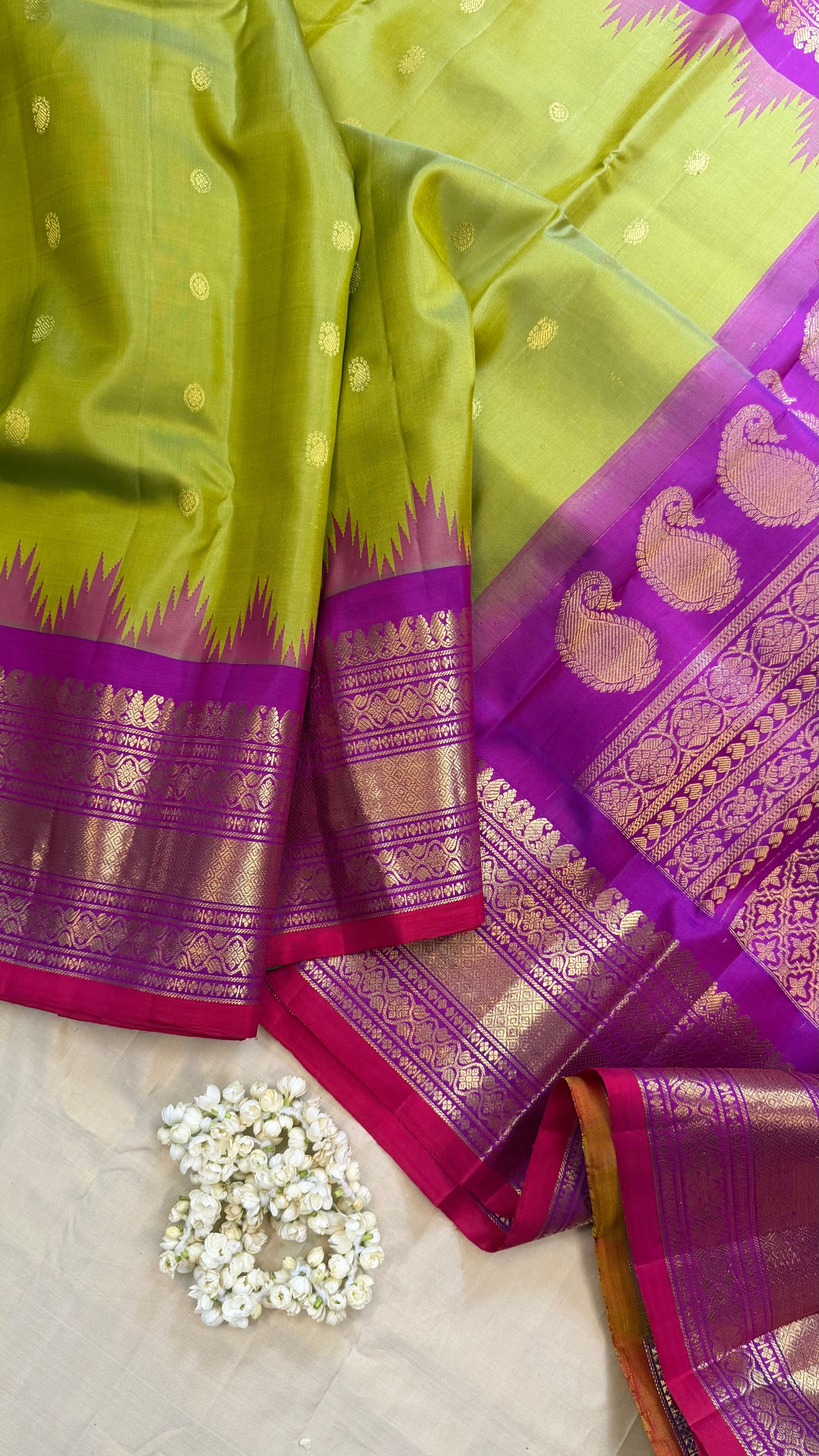 Sneha green with purple. / Gadwal silk