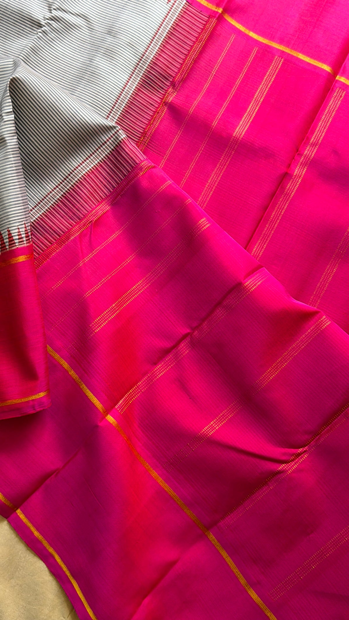 Striped Korvai pink  border Arani silk saree