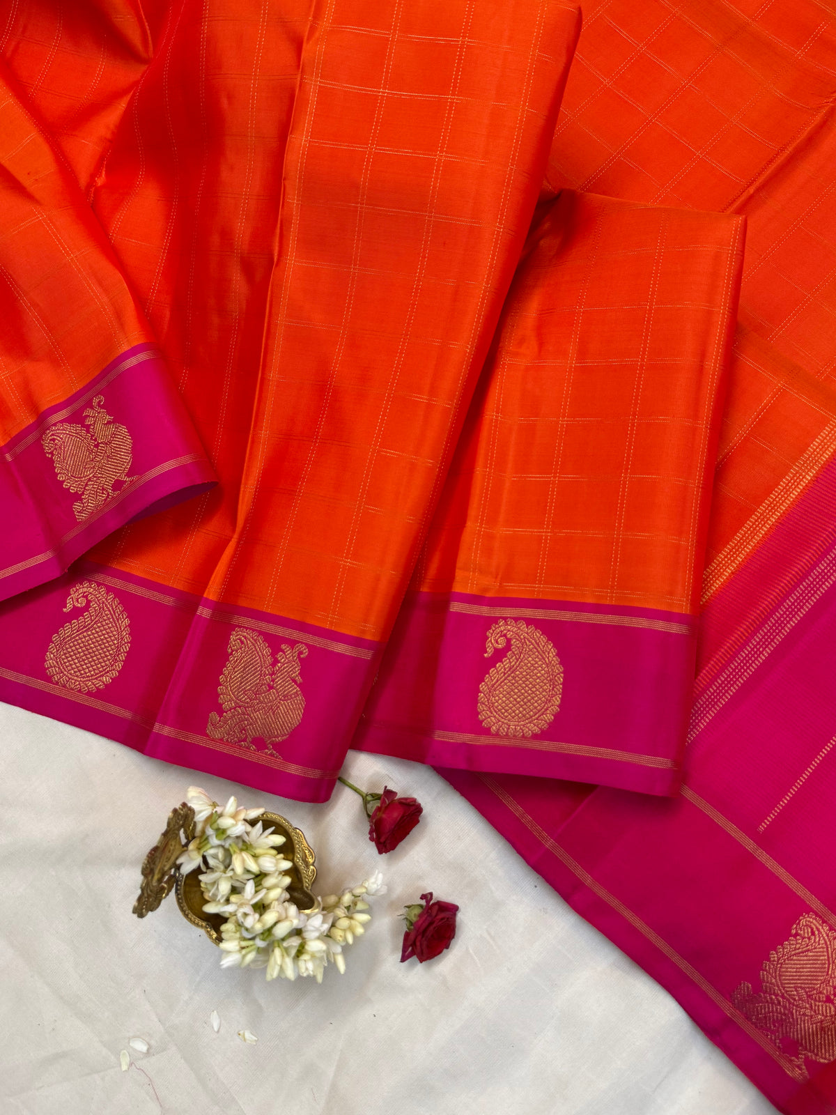 Orange with pink body Oociii Zari kattam and border butta/knjipuram silk saree 12838