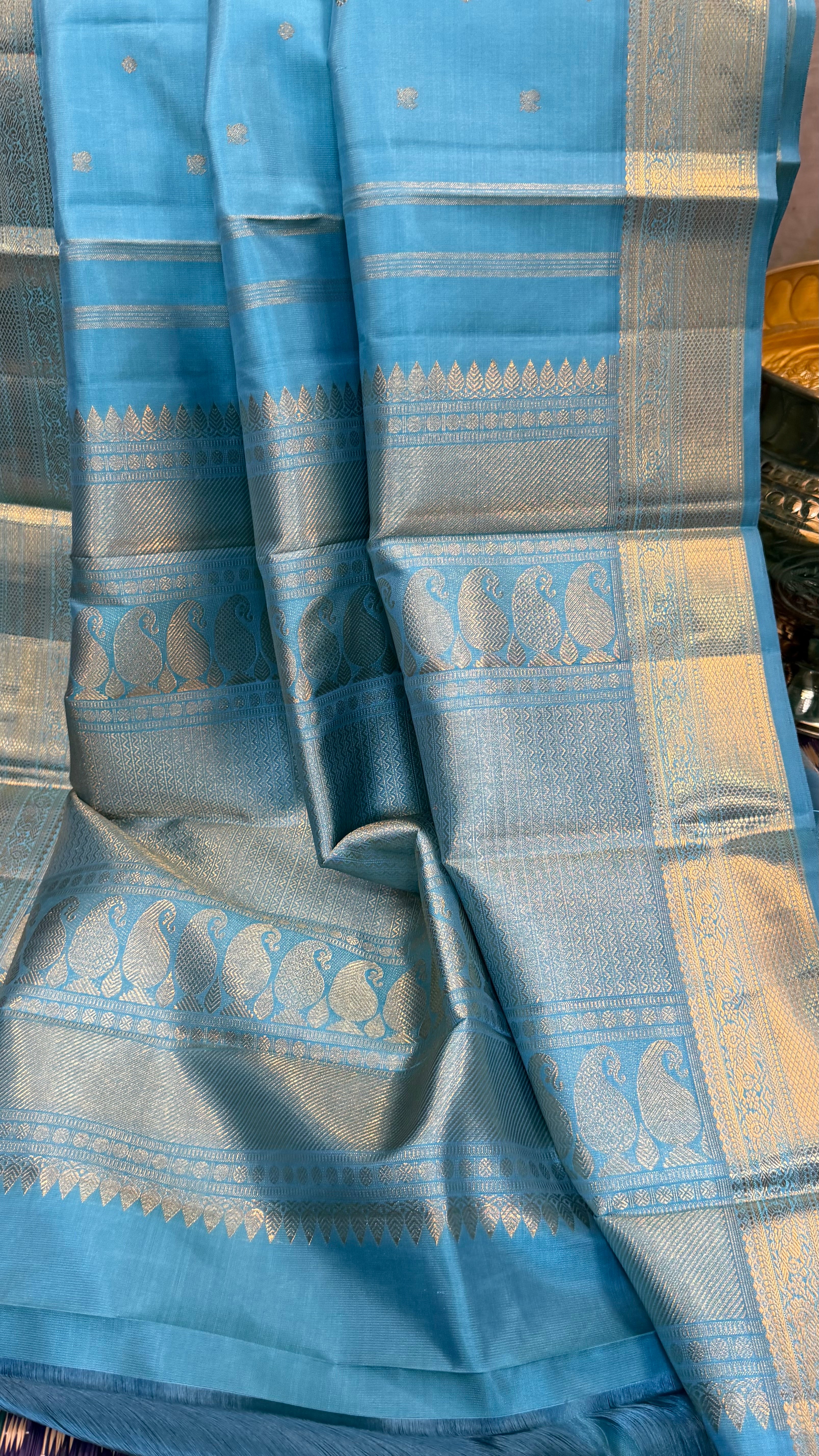 Swapnam : powder blue pet/ Kanjipuram silk