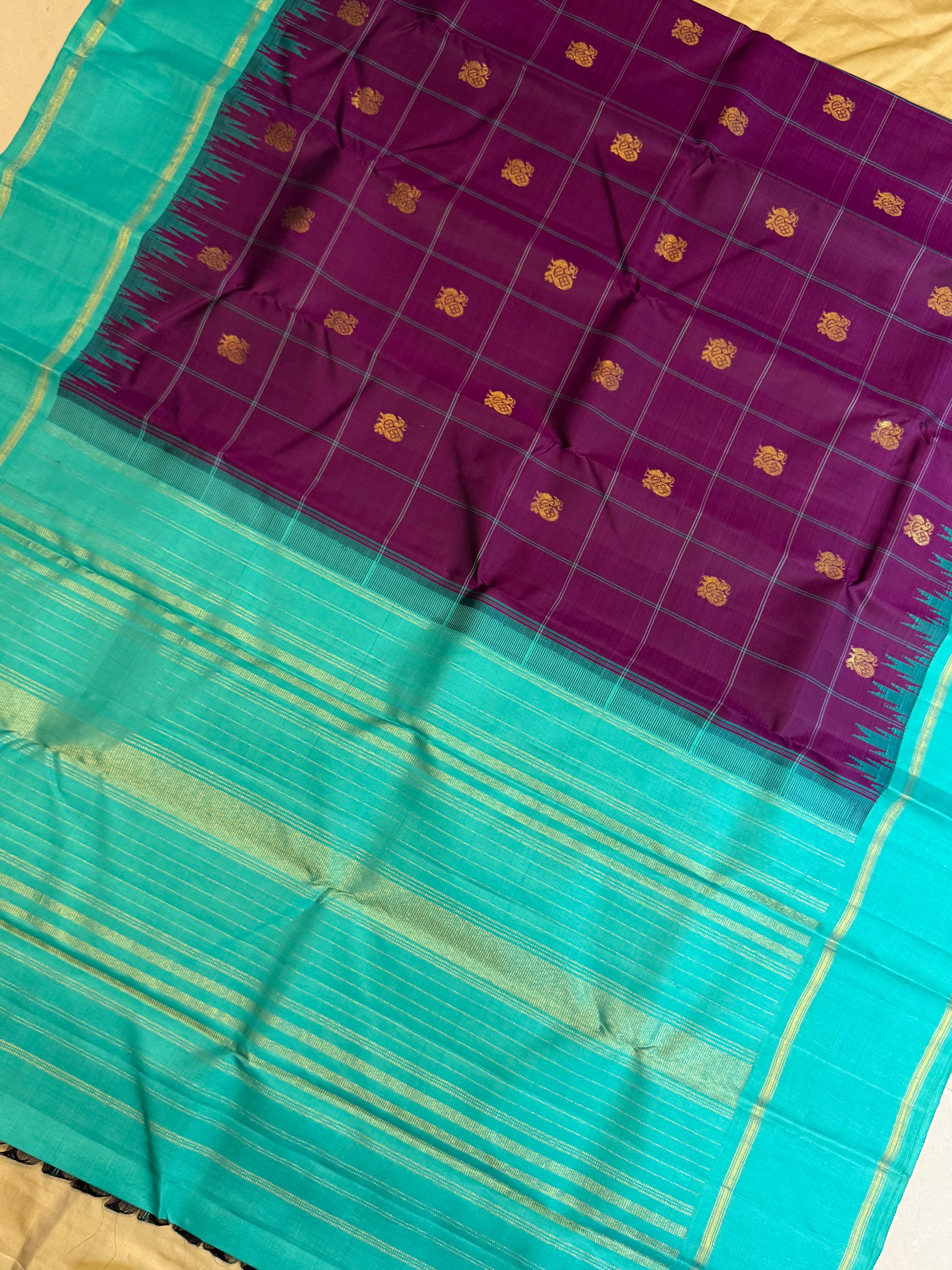 Aubergine and turquoise blue checks butta / Arani silk